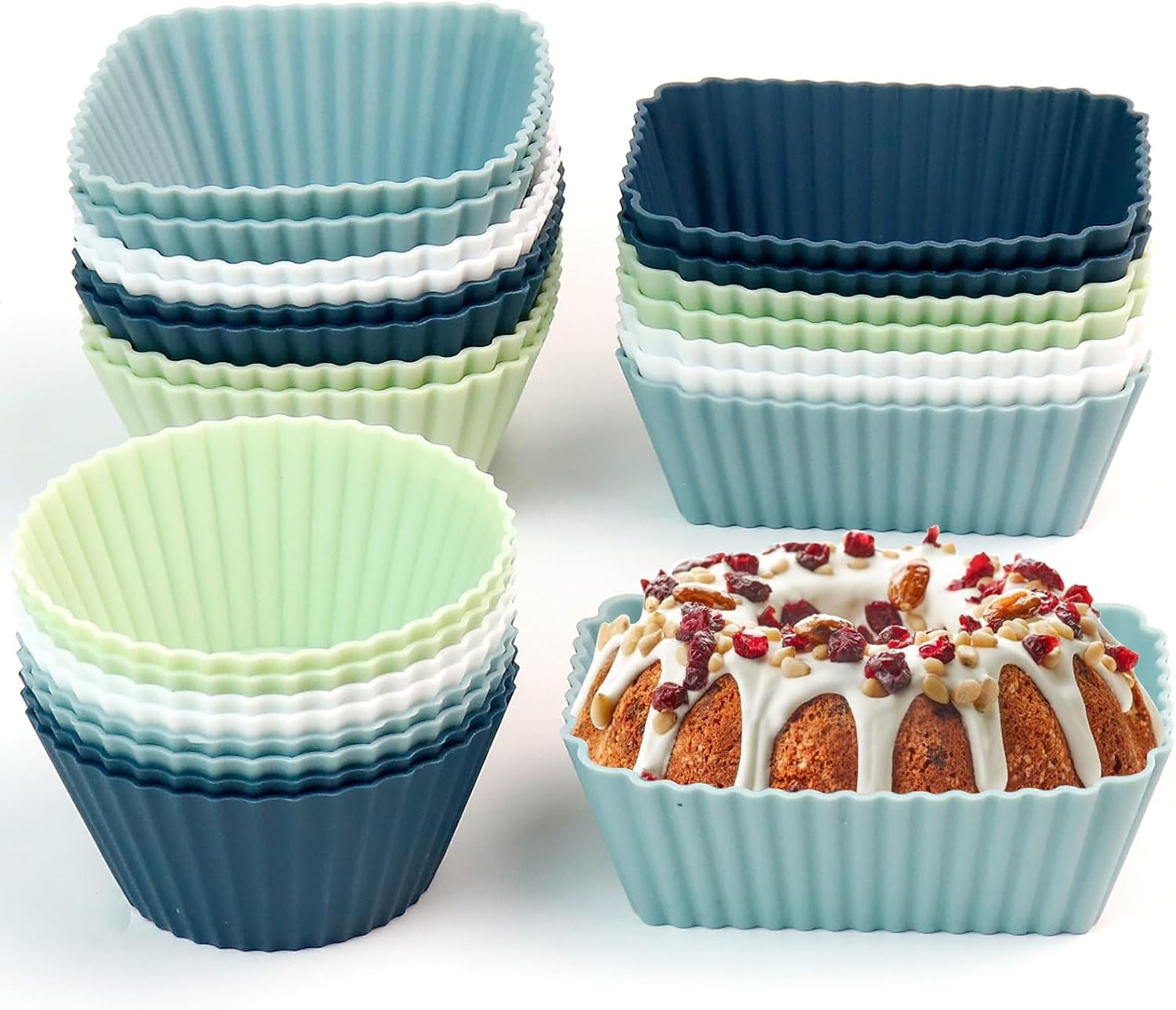 Humbgo Reusable Silicone Muffin Cases - 24 Pack, 3 Shapes, Non-Toxic, Non-Stick, Heat Resistant, Blue, Perfect for Parties & Celebrations