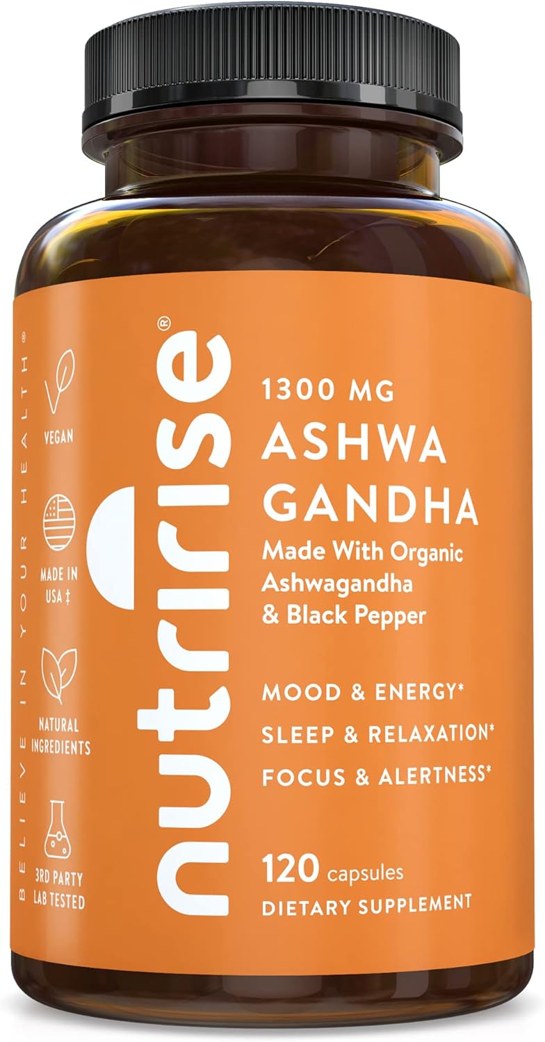 NutriRise Organic Ashwagandha Root Capsules with Black Pepper, 1300mg, Natural Stress & Mood, Thyroid, and Immune Support Supplement, Clarity, Focus & Energy, Gluten Free, 120 Count