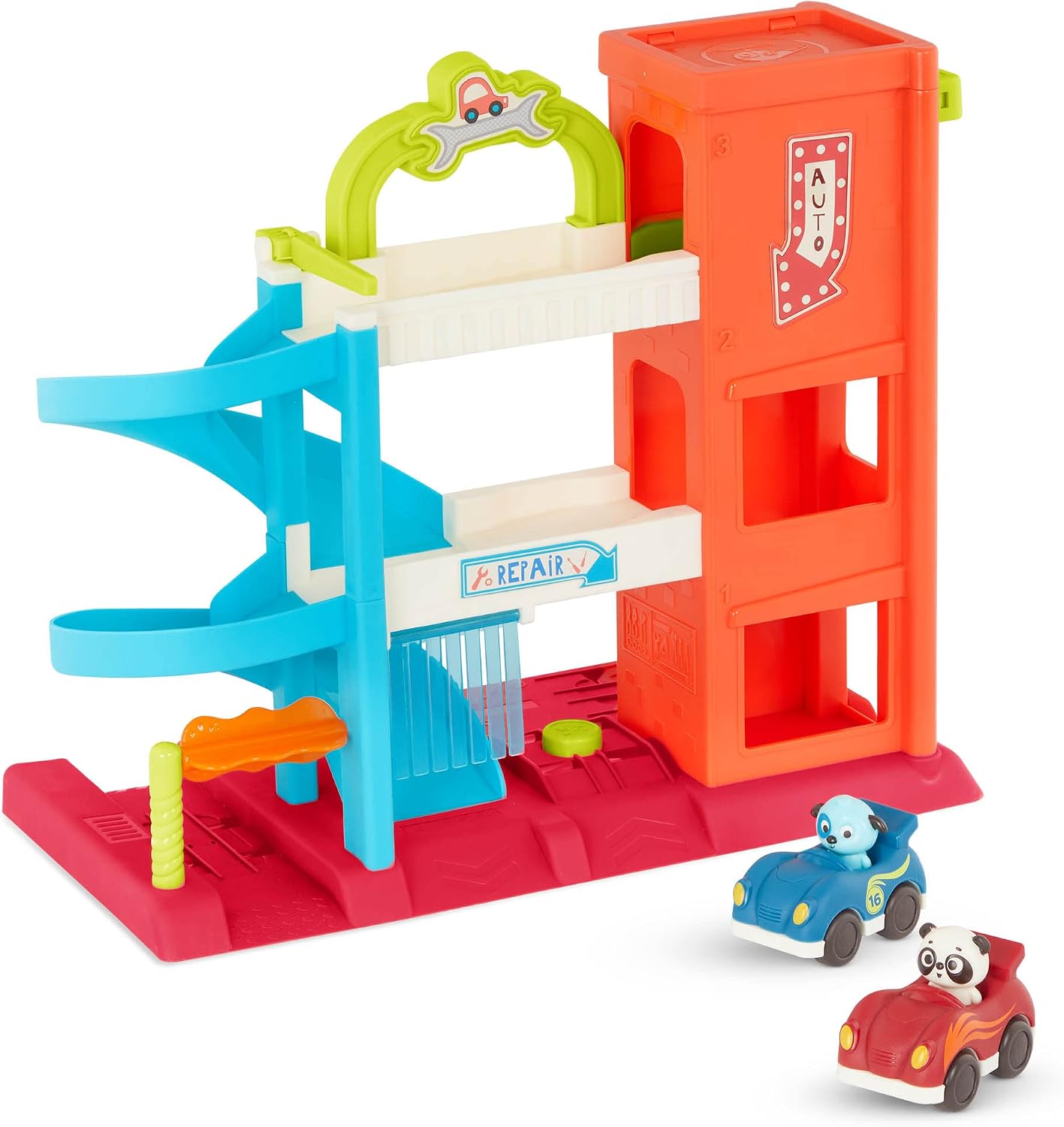 B. toys – Bingo’s Garage – Vehicle Playset Car Garage with Spiral Ramp – Working Elevator with 2 Toy Cars – 3 floor playset – 18+ Months