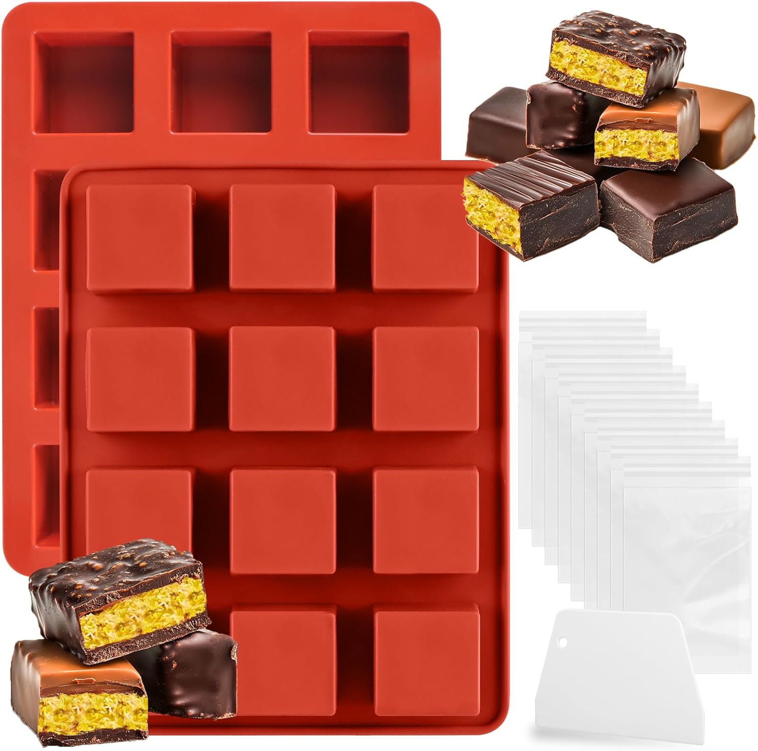 Mity rain Chocolate Bar Mold Deep, Silicone Dubai Chocolate Bar Pistachio Molds with Bags Scraper, Square Fix Chocolate Bar Dubai Candy Bar Mold for Filling Knafeh Pistachio Cream(2pc)