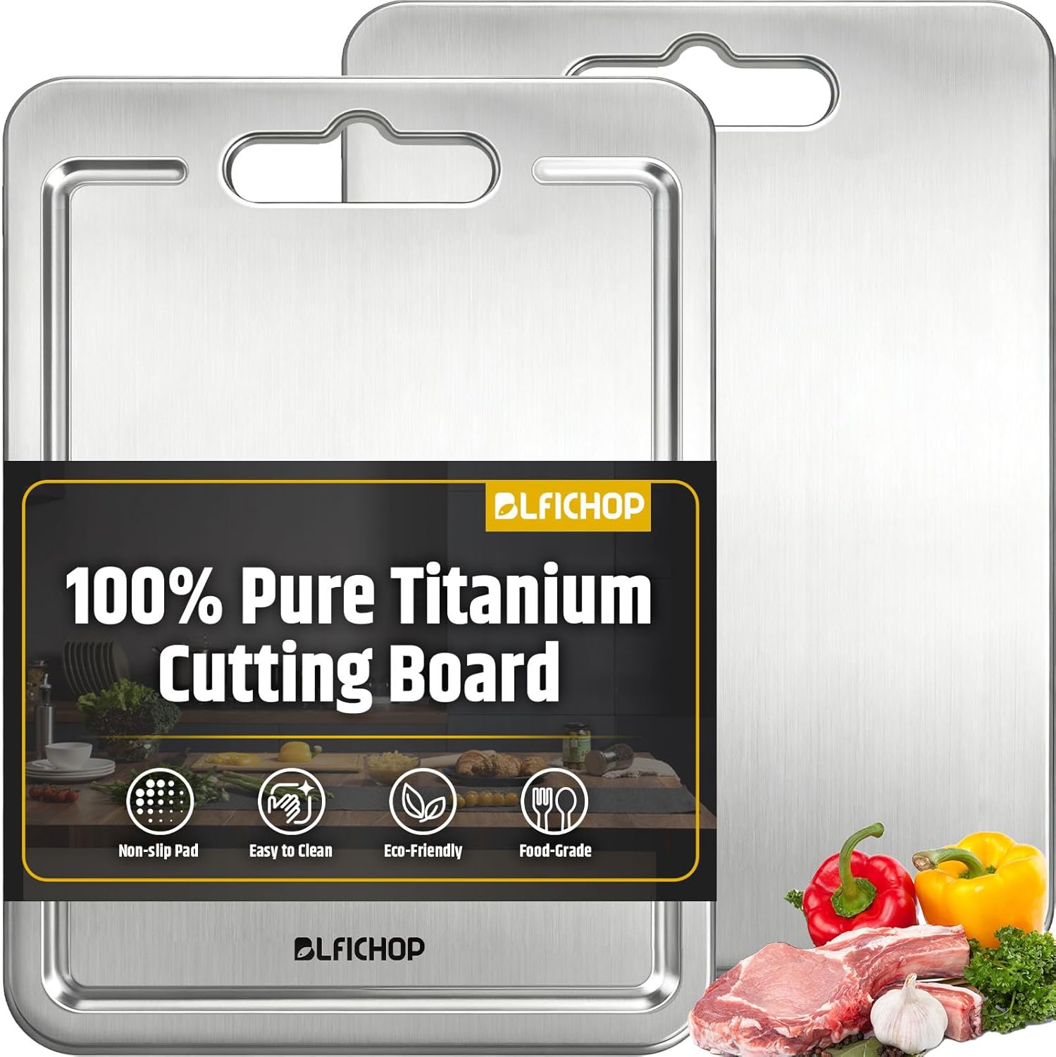 100% PureTitanium Cutting Boards with Juice Groove, Non-Toxic Chopping Boards for kitchen Double-Sided Metal Cutting Borad Meat, Vegetables and Fruits, Dishwasher Safe, Grey（14 * 10in）