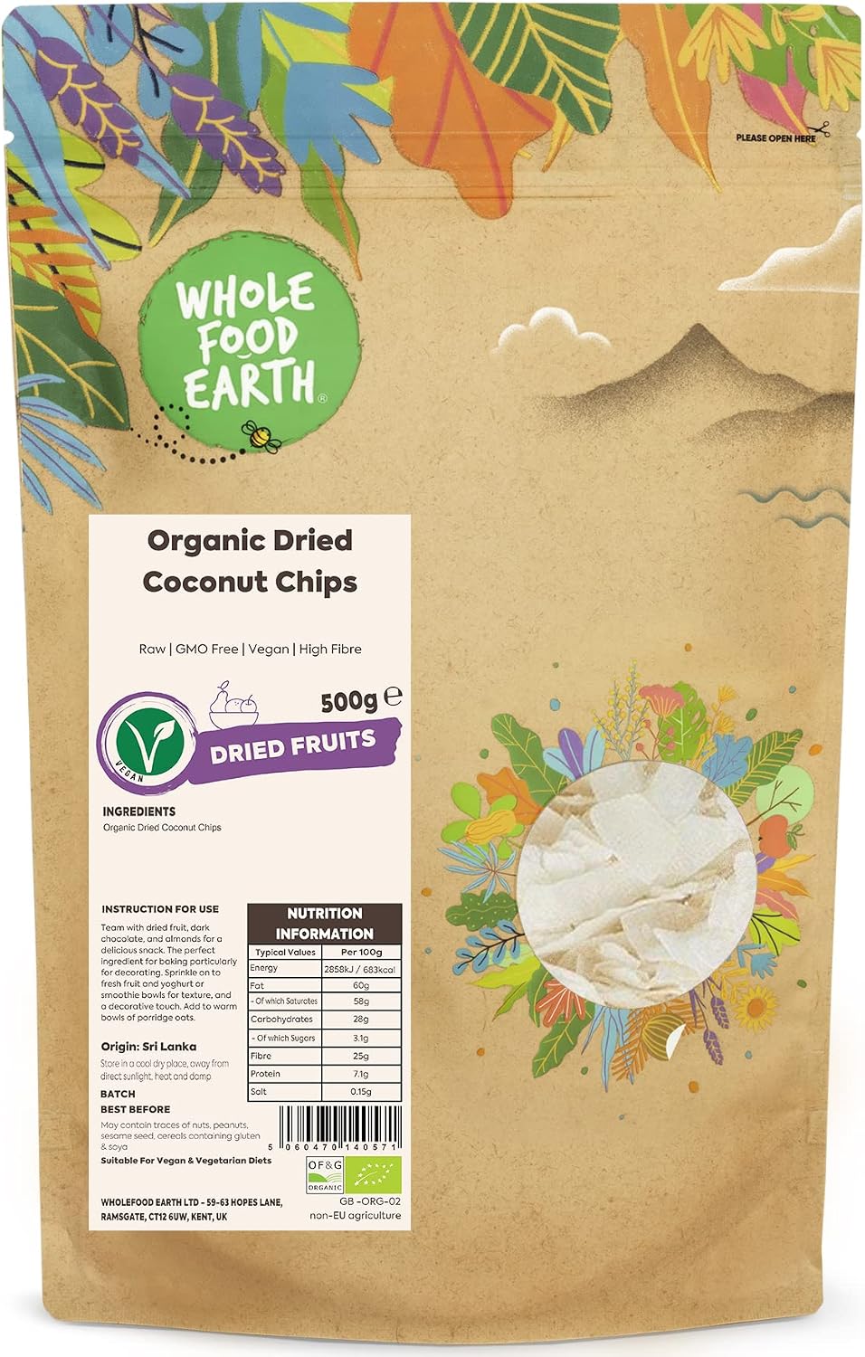 Wholefood Earth Organic Dried Coconut Chips – 500g | Raw | GMO Free | Vegan | High Fibre | Certified Organic