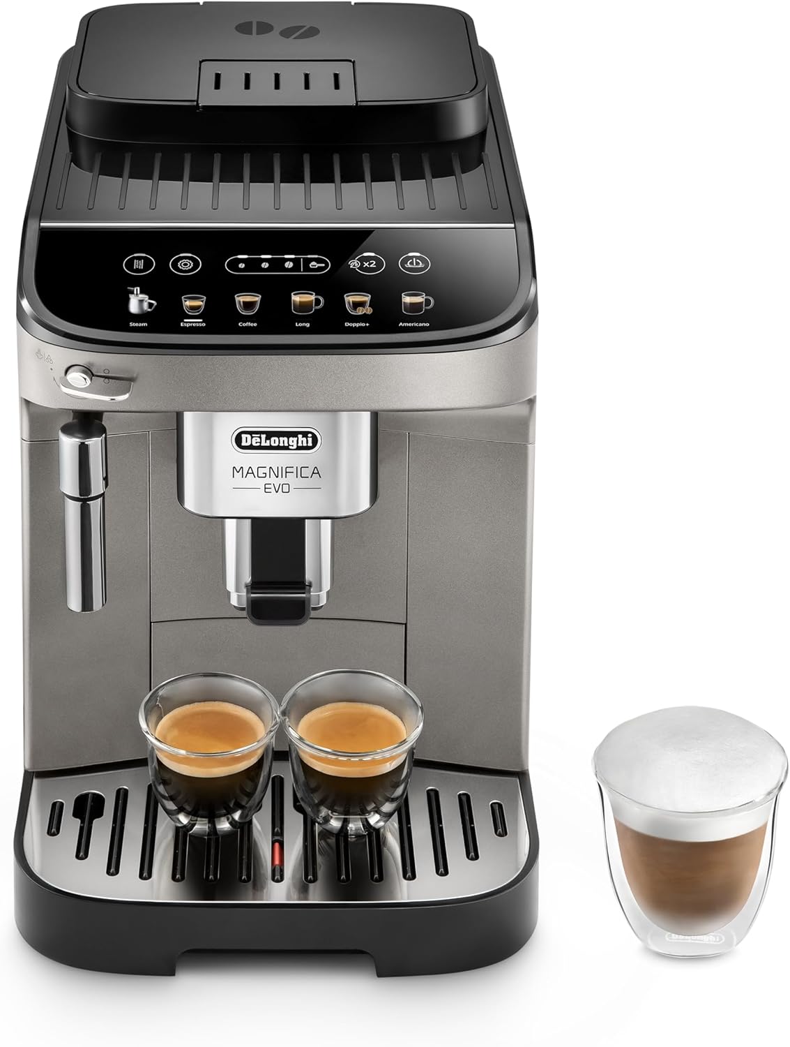 De'Longhi Magnifica Evo ECAM290.42.TB, Automatic Coffee Machine with Milk Frother, Compact Grain Machine, Manual Milk Frother, 4 Recipes, Colour Touch Screen, Titanium Black