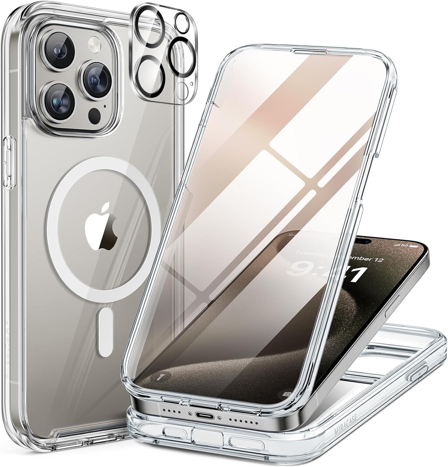 Miracase Magnetic for iPhone 15 Pro Case [Compatible with MagSafe] Full-Body Bumper Phone case with Built-in Glass Screen Protector& Camera Protector, Military Drop Proof 15 Pro Cover 6.1 inch,Clear