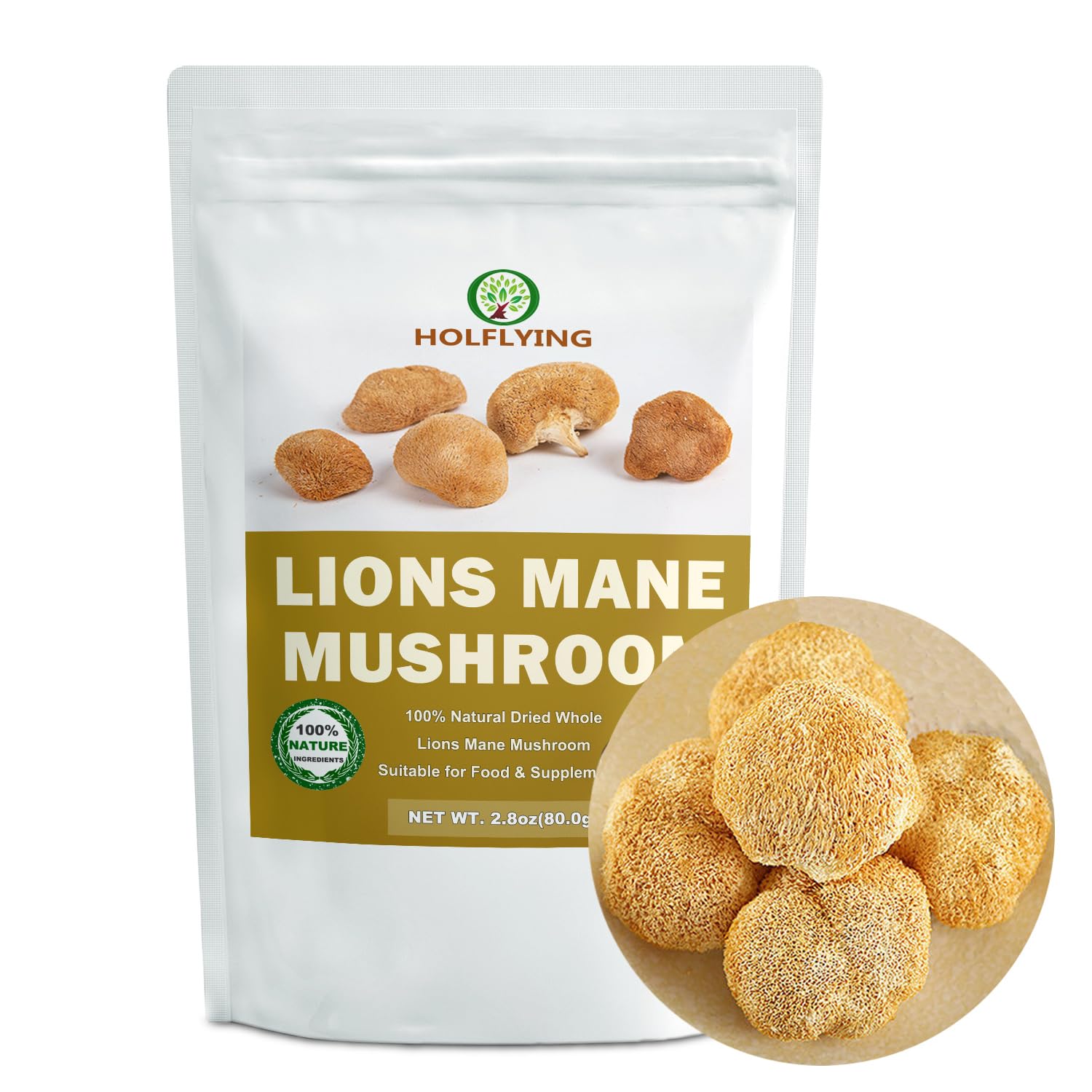 Dried Whole Lion's Mane Mushroom - 2.8 oz, All-Natural Lion's Mane for Cooking, Soup, Tea and Vegan Recipes, No Additives, No GMO