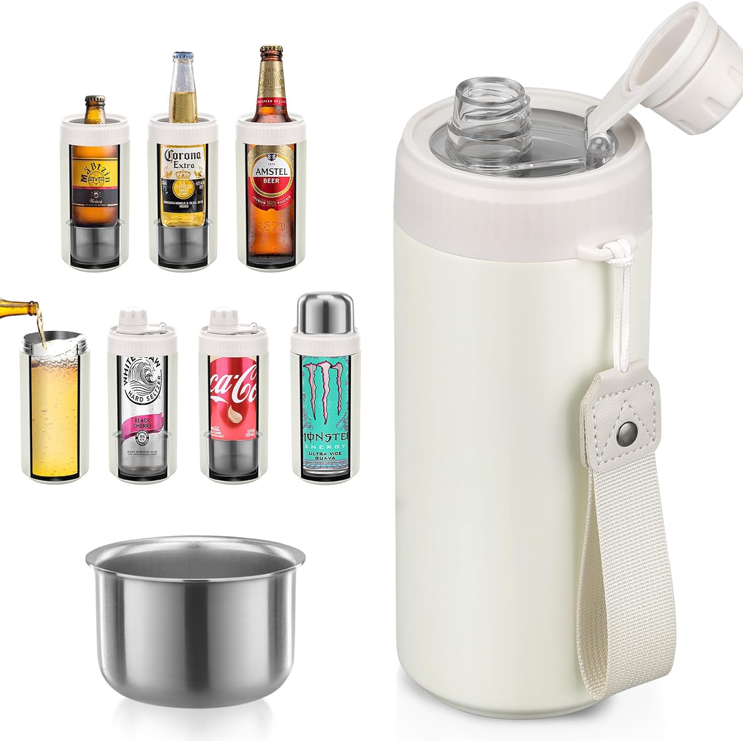MAXSO 5-in-1 Insulated Can Cooler Fizz Soda Lid Drink Cover for 12oz & 16oz Regular, Slim Skinny Can, Beer Bottle & As Thermal Bottle, Vacuum Insulator Carbonated Cold Beverage Holder - White