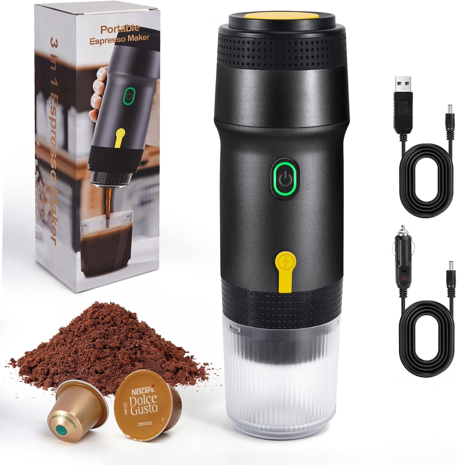 LAMA Portable Electric Espresso Machine, 3 in 1 Travel Coffee Maker, 4-5 min Self-Heating, Large Capsules, Small Capsules, Ground Coffee for Camping, RV, Office, Home Black