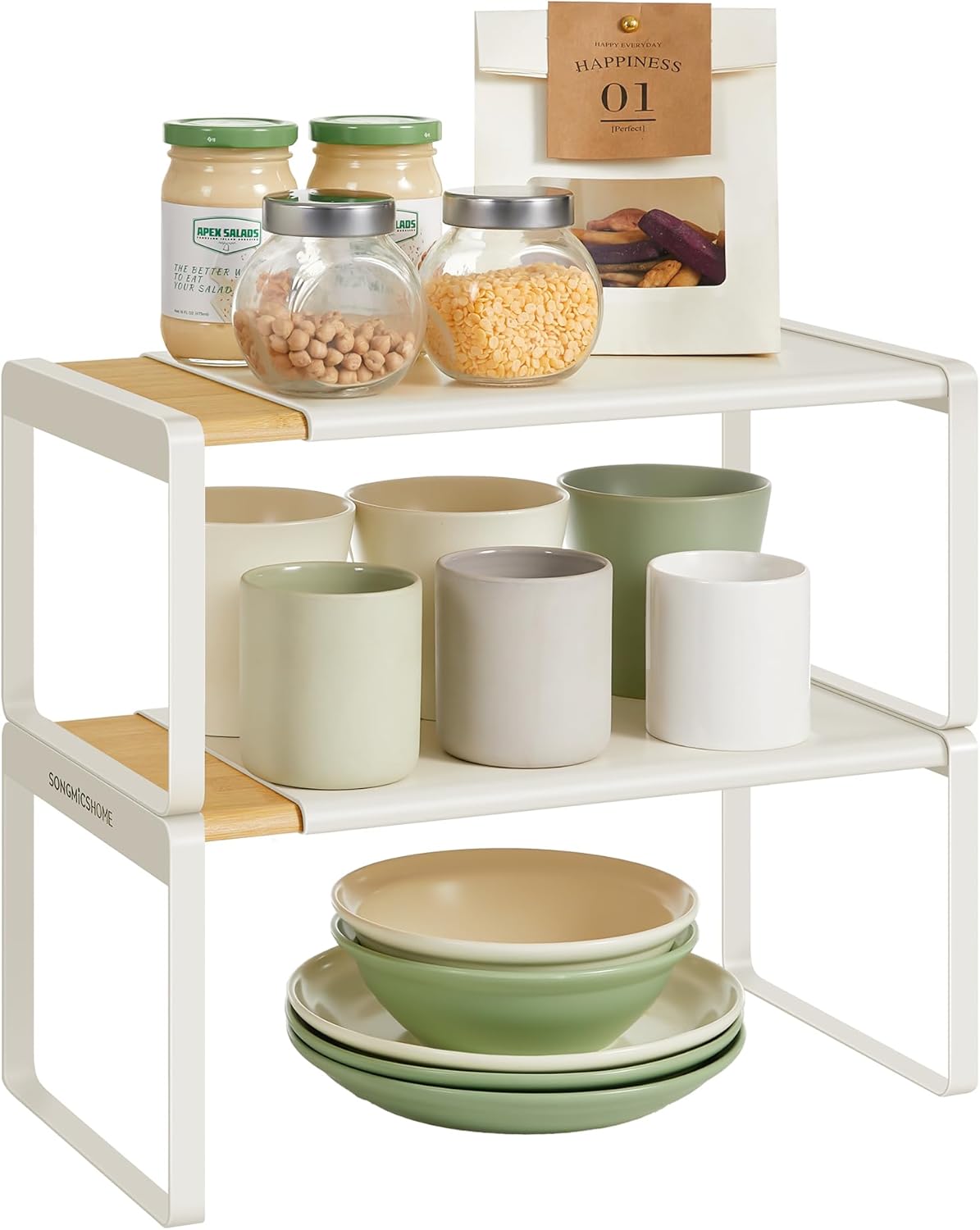SONGMICS HOME Spice Racks, Set of 2, Extendable Kitchen Organiser Shelves, Cupboard Organiser, Countertop, Small, Stackable, Tabletop Storage, Shoe Rack, Light Bamboo and Cream White KCS051N01