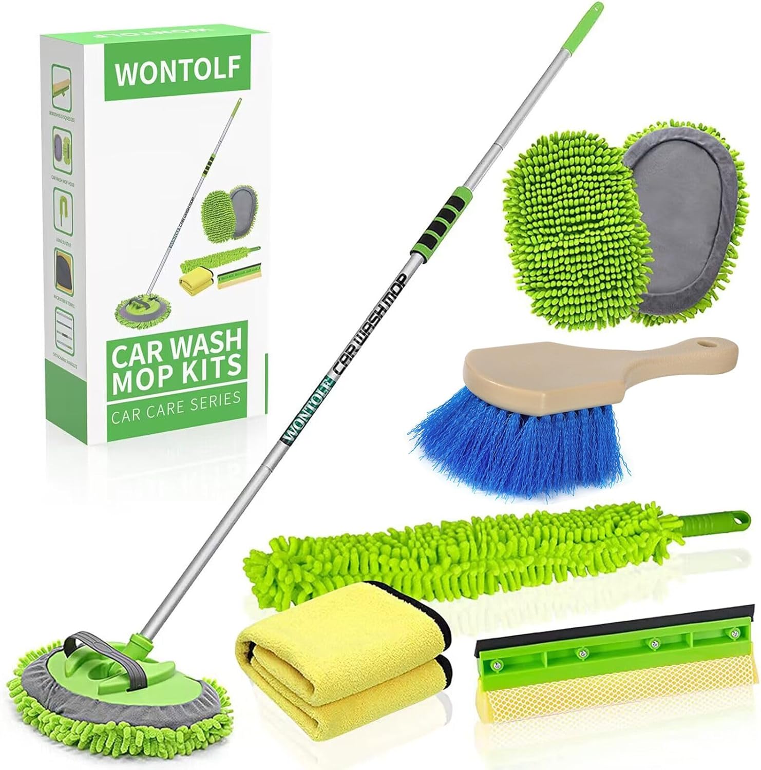 62'' Car Wash Brush with Long Handle Chenille Microfiber Car Wash Mop Mitt Car Cleaning Kit Windshield Window Squeegee Car Duster Microfiber Towels Wheel Tire Brush for Cars RV Truck Boat