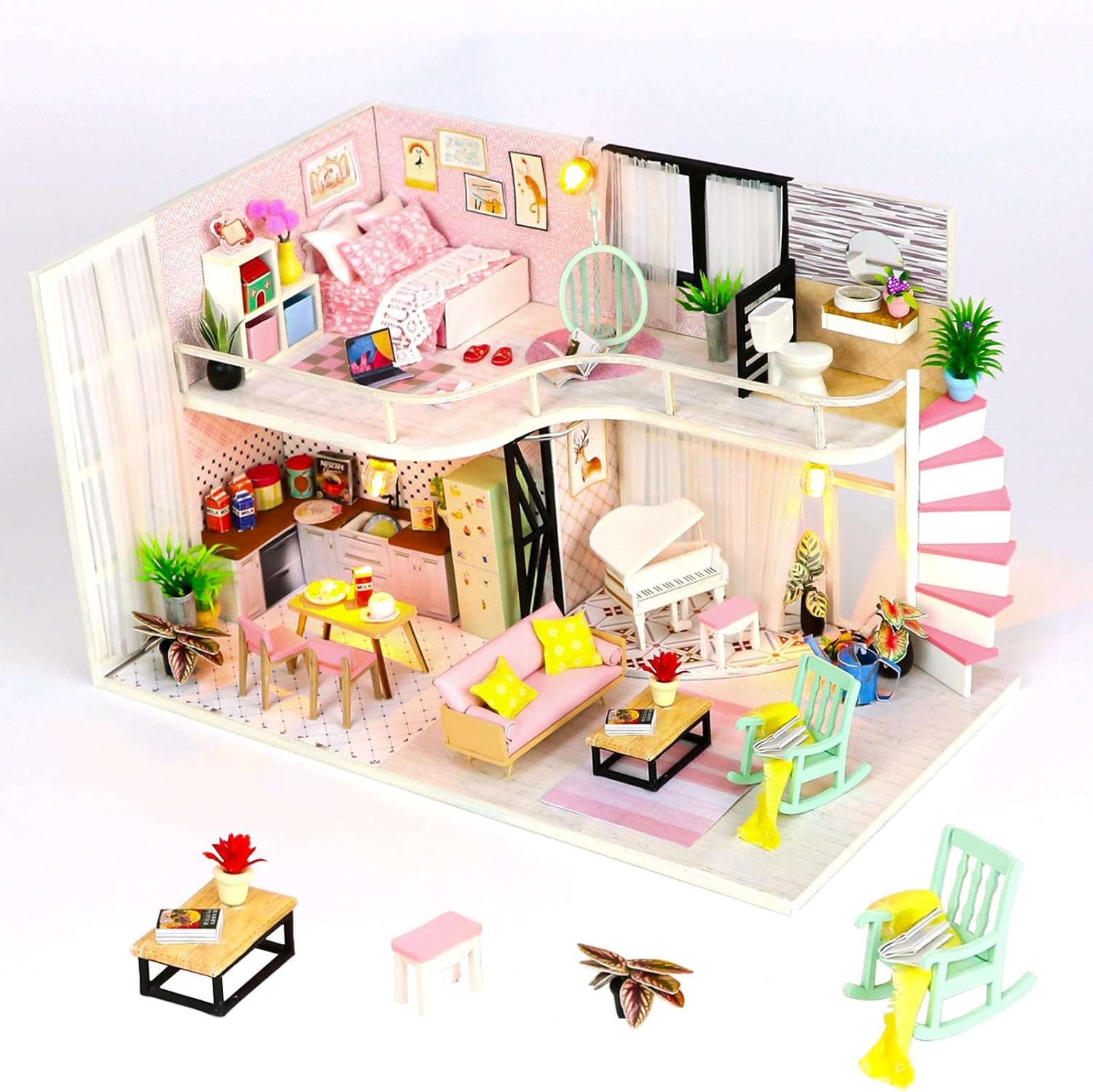 SICSHTOP Dollhouse Miniature DIY House Kit, Creative Room with Loft Apartment Scene, Great Handmade Crafts Romantic Artwork for Birthday, Holidays, Simple Life House