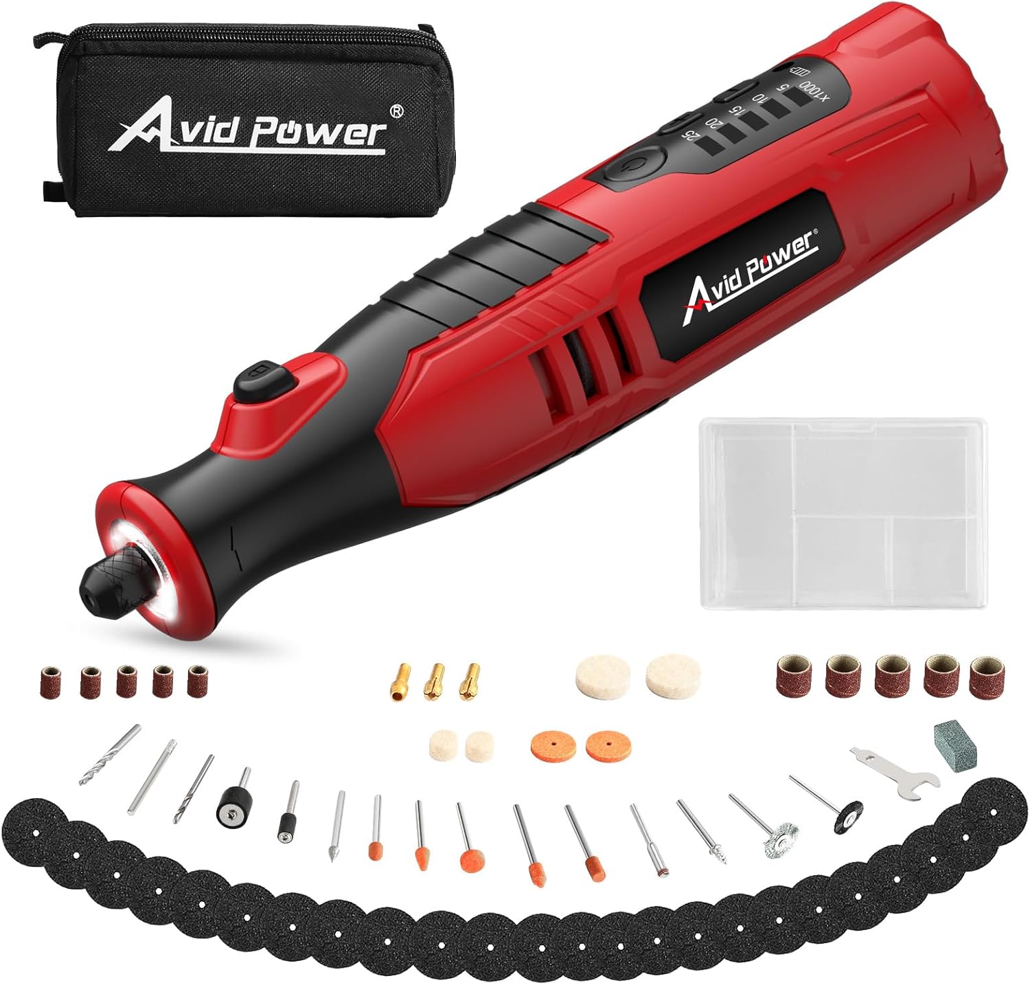 Avid Power 8V Li-Ion Cordless Rotary Tool With 5-Speed, 4 Front Led Lights And 60Pcs Accessories Kit For Carving, Engraving And Cutting, Mw324 8V Rotary Tool Kit Red & Black
