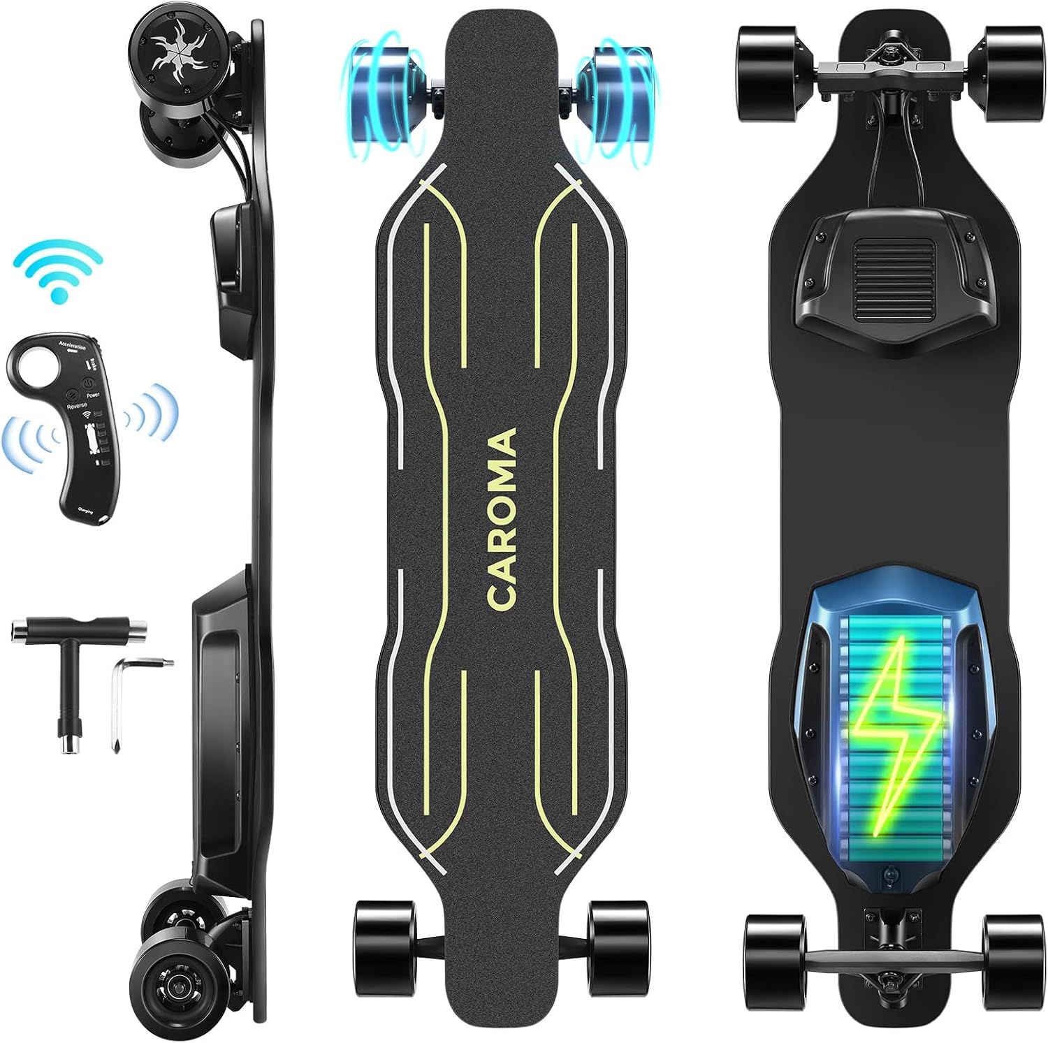 Caroma Electric Skateboards with Remote and Luminous,28Mph Top Speed,1200W Motor,28Miles Max Range,4 Speed Mode,6Ah Battery,7 Layers Maple Electric Longboard for Adult&Beginner,Campus Commuting