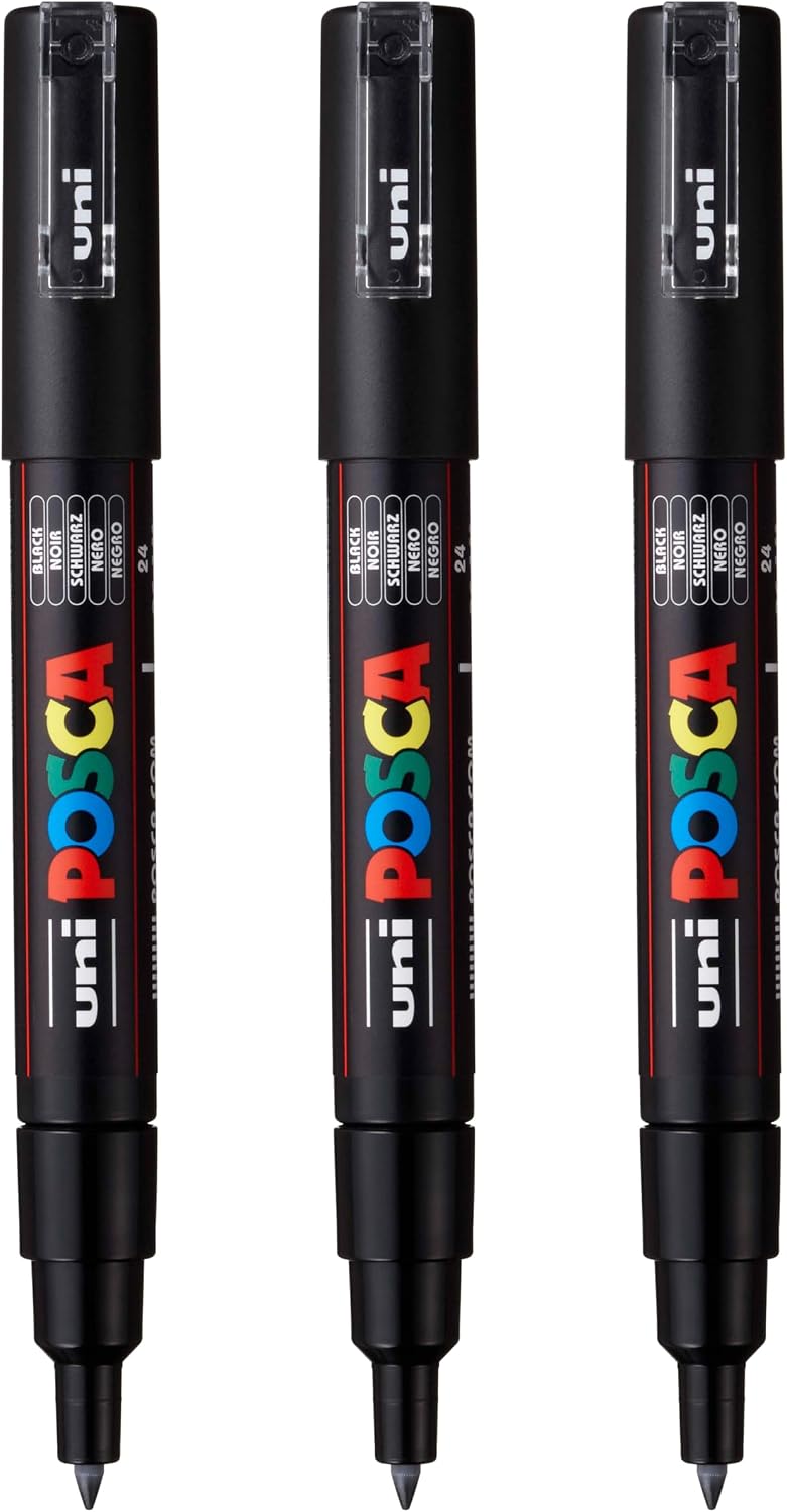 posca PC-1M Water-Based Paint Markers, Extra Fine Tip (0.7mm), Black, 3 Count