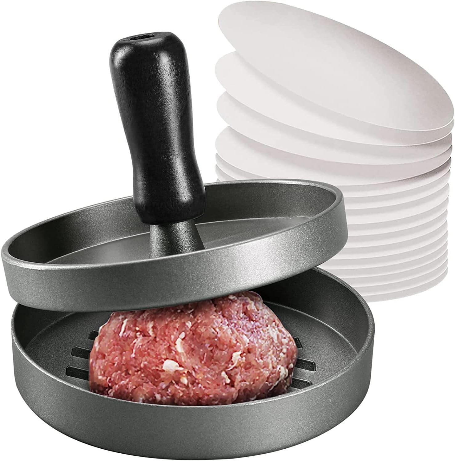 Burger Press, Non-Stick Meat Patty Hamburger Maker for Making Quarter Lb or Large 1/3 Pound Stuffed Pocket Burgers, Aluminum for BBQ Grill (100 Wax Paper)