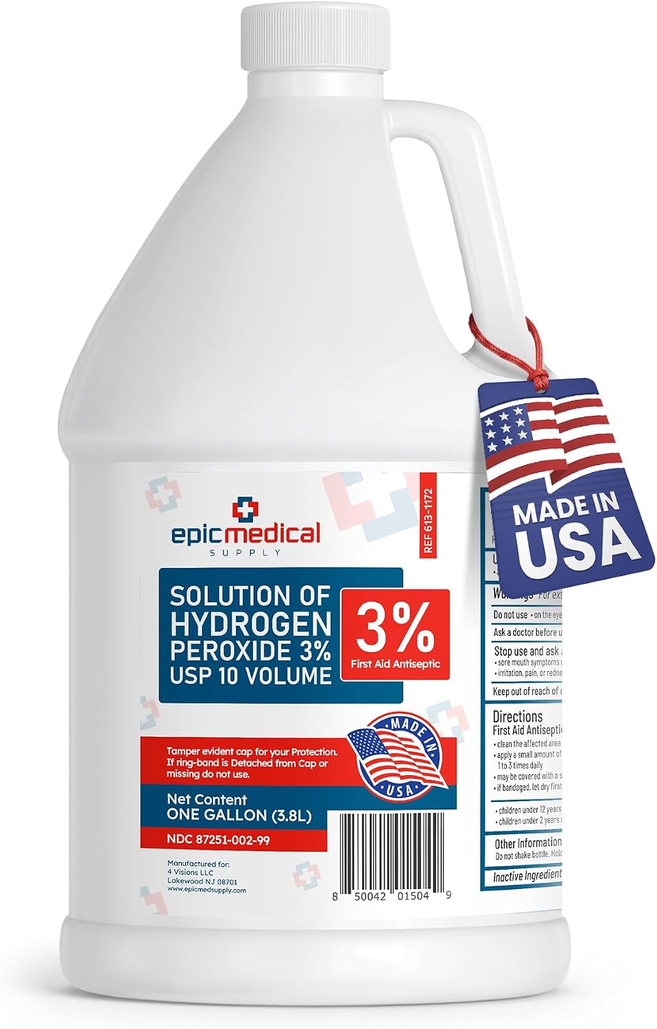 Epic Medical Supply 3% Hydrogen Peroxide - First Aid Antiseptic & Multipurpose Cleaner - Topical Wash for Cuts, Scrapes and Minor Cuts - H2O2 Hydrogen Peroxide 3 Percent USP Solution (1 Gallon)