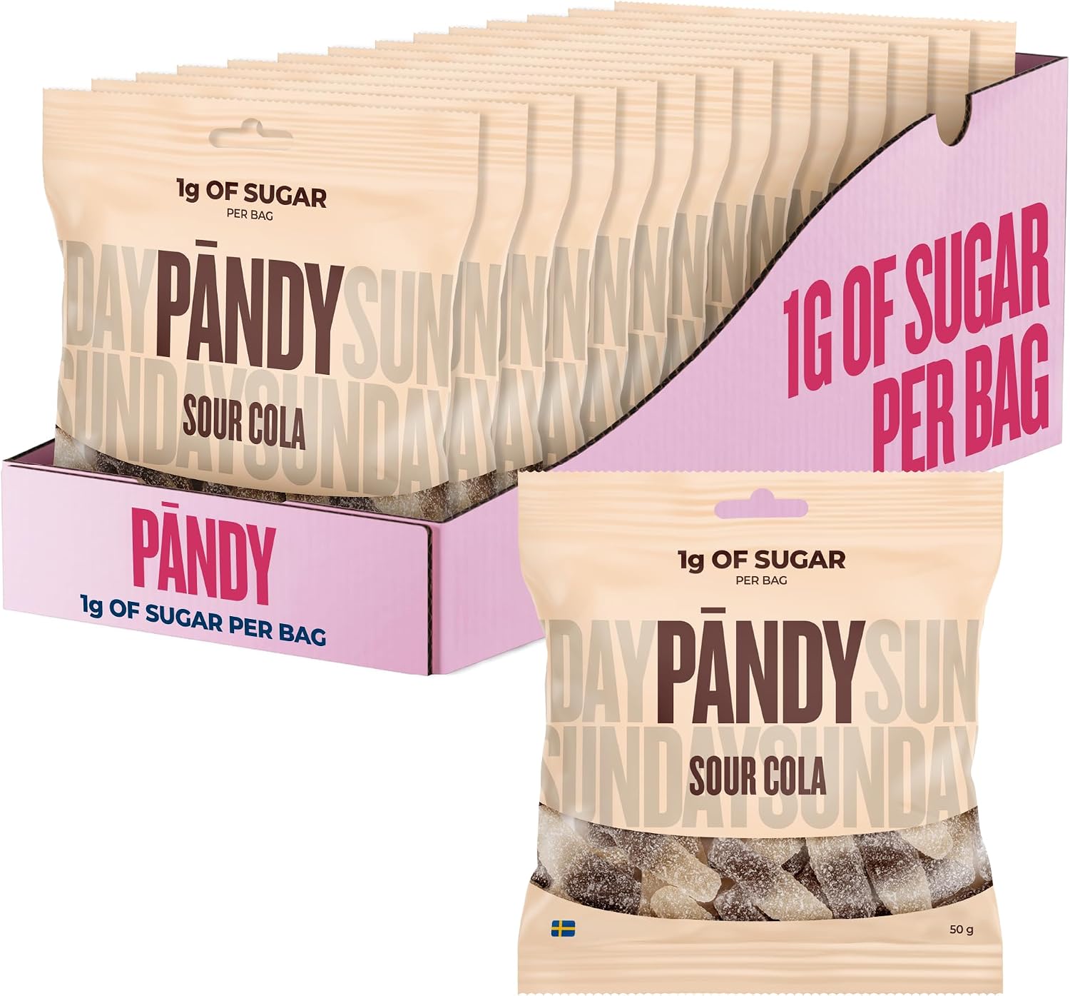 PANDY Candy Sour Cola, Only 1g Sugar & 70 Calories, Gummy Sweets, 14x50g Bag | Classic Sour Cola Bottles gummy sweets with a fizzy kick. Low carb gluten-free sugar free gummies, only 70 calories per bag