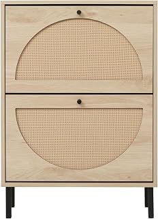 ZeHuoGe Rattan Shoe Cabinet with 2 Flip Drawers, Entrance Hallway Free Standing Shoe Racks with Metal Legs for Heels, Slippers (Natural)