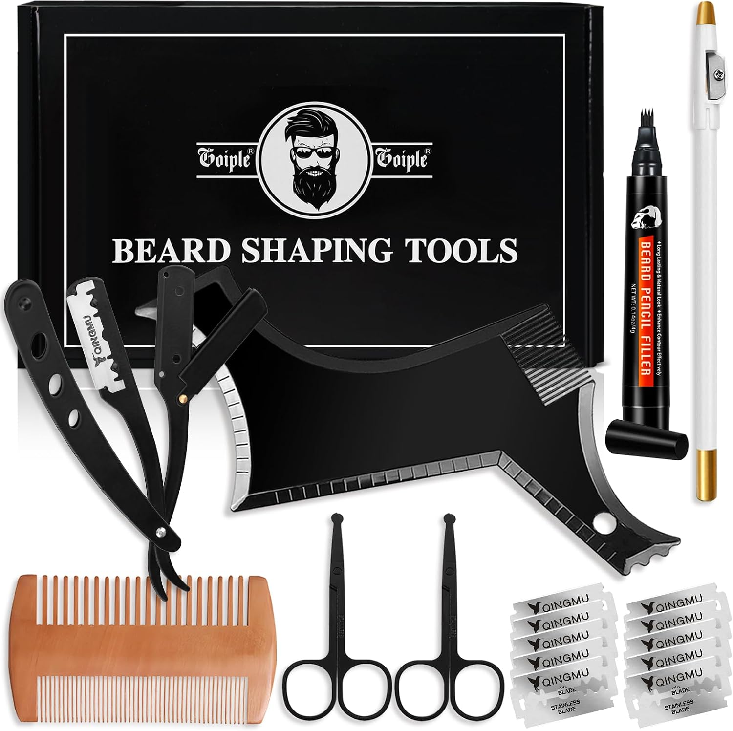 Beard Shaper for Men Beard Shaping Tools - Beard Template Guide, Professional Straight Edge Razor, 10 PCS Double Edge Blade, Barber Pencil, Beard Comb, 2 Stainless Steel Scissors Mustache Lineup Tools