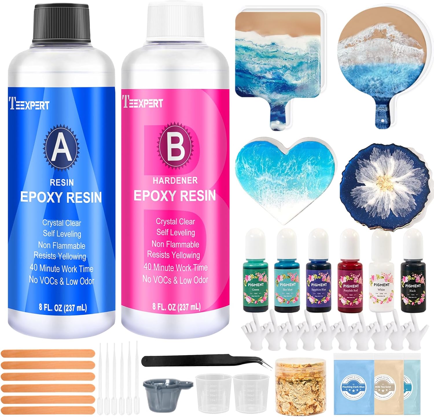 Teexpert Epoxy Resin Kit for Beginners, Resin Kit with Coaster Molds, Silicone Molds Kit, Pigments, Crystal Clear Art Resin, Casting & Coating for DIY Coasters 16 FL.OZ