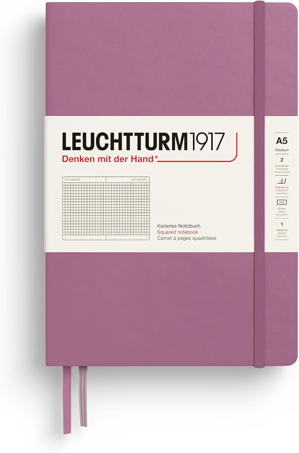 LEUCHTTURM1917 - Notebook Hardcover Medium A5-251 Numbered Pages for Writing and Journaling - Thinking Ahead (Squared Paper, Dusty Rose)