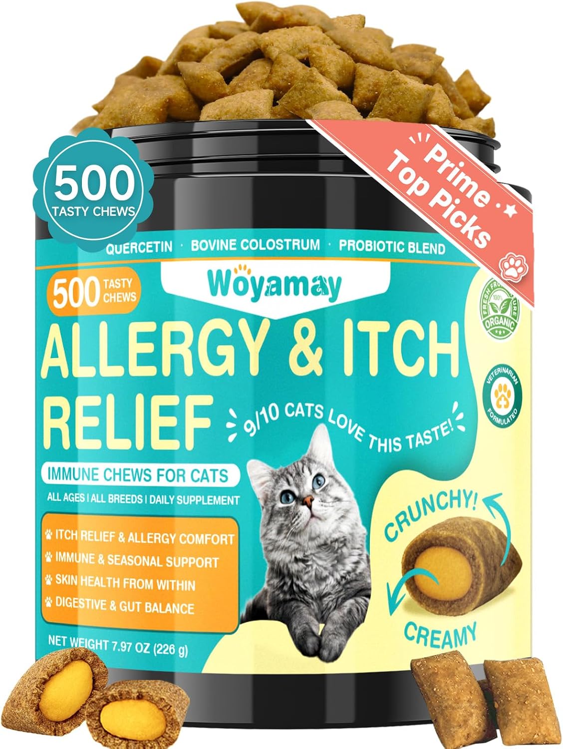 Woyamay Cat Allergy Relief for Cats, 500 Crunchy & Creamy Anti-Itch and Immunity Chews for Itchy Skin, Paws, Eyes, Ears| Stop Licking & Scratching, Supports Seasonal Itching, Chicken Flavor