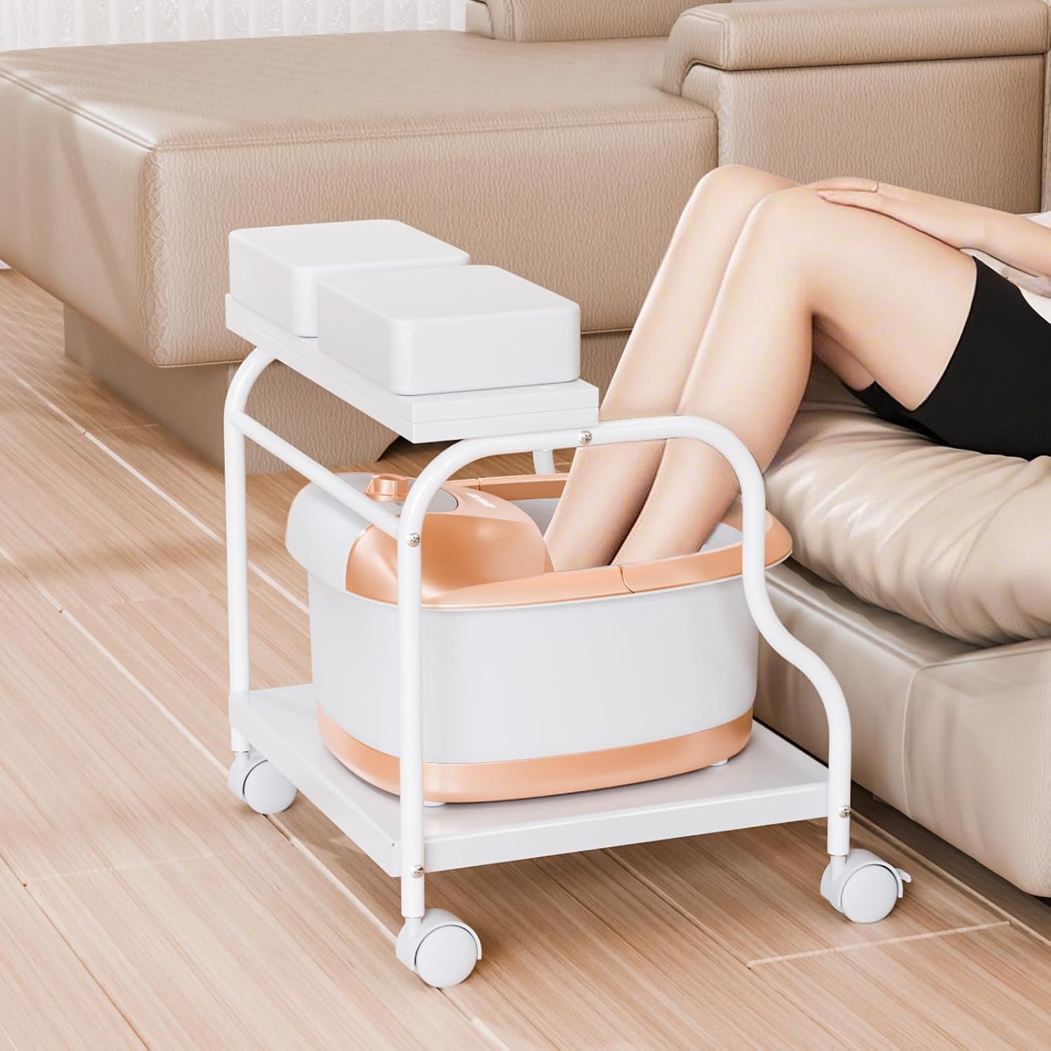OmySalon Pedicure Cart Foot Bath Trolley, Portable Salon Nail Esthetician Rolling Cart, Adjustable Manicure & Foot Massage Stool w/PU Cushion, Locking Wheels, for Spa, Salon & Home (White)