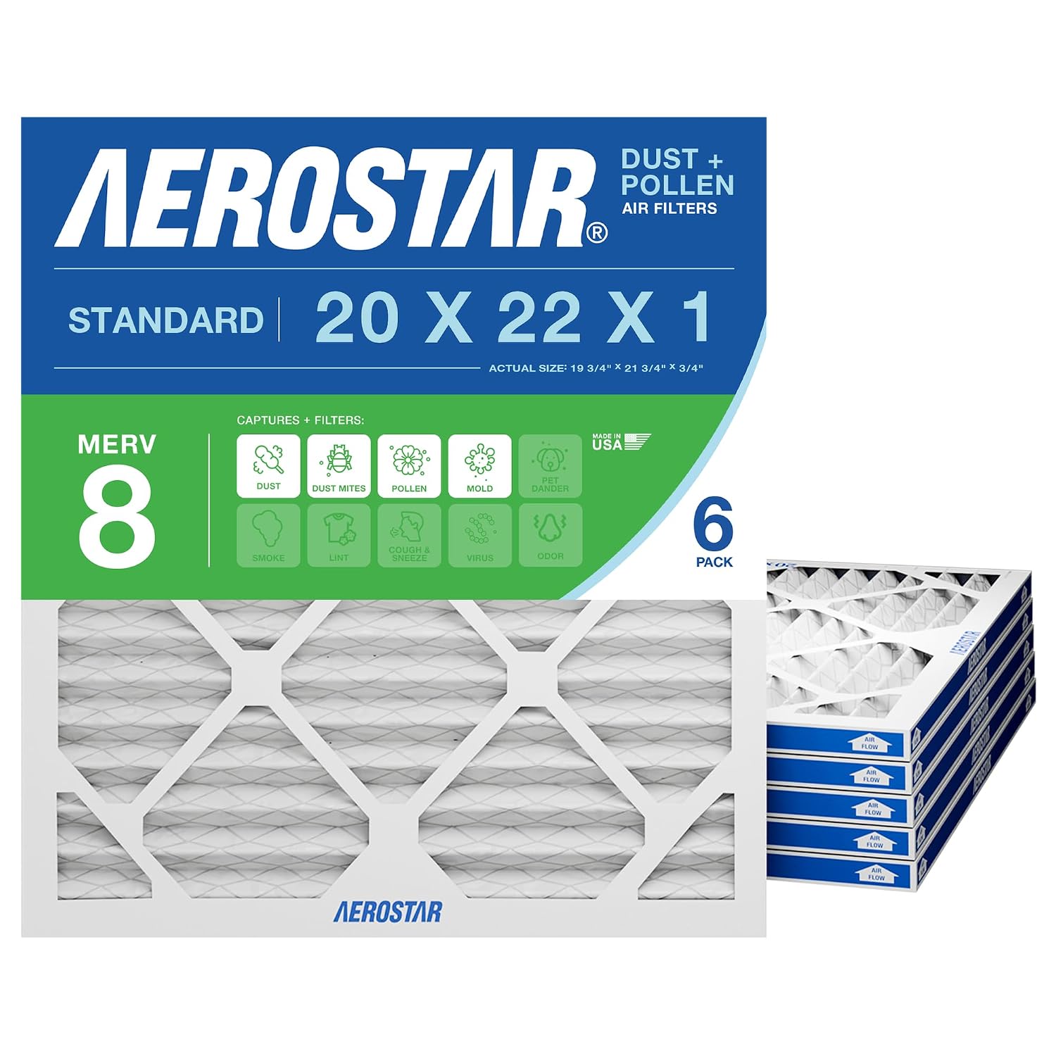Aerostar Air Filter 20x22x1 MERV 8 AC Filter, HVAC, Furnace Filter, 6 Pack