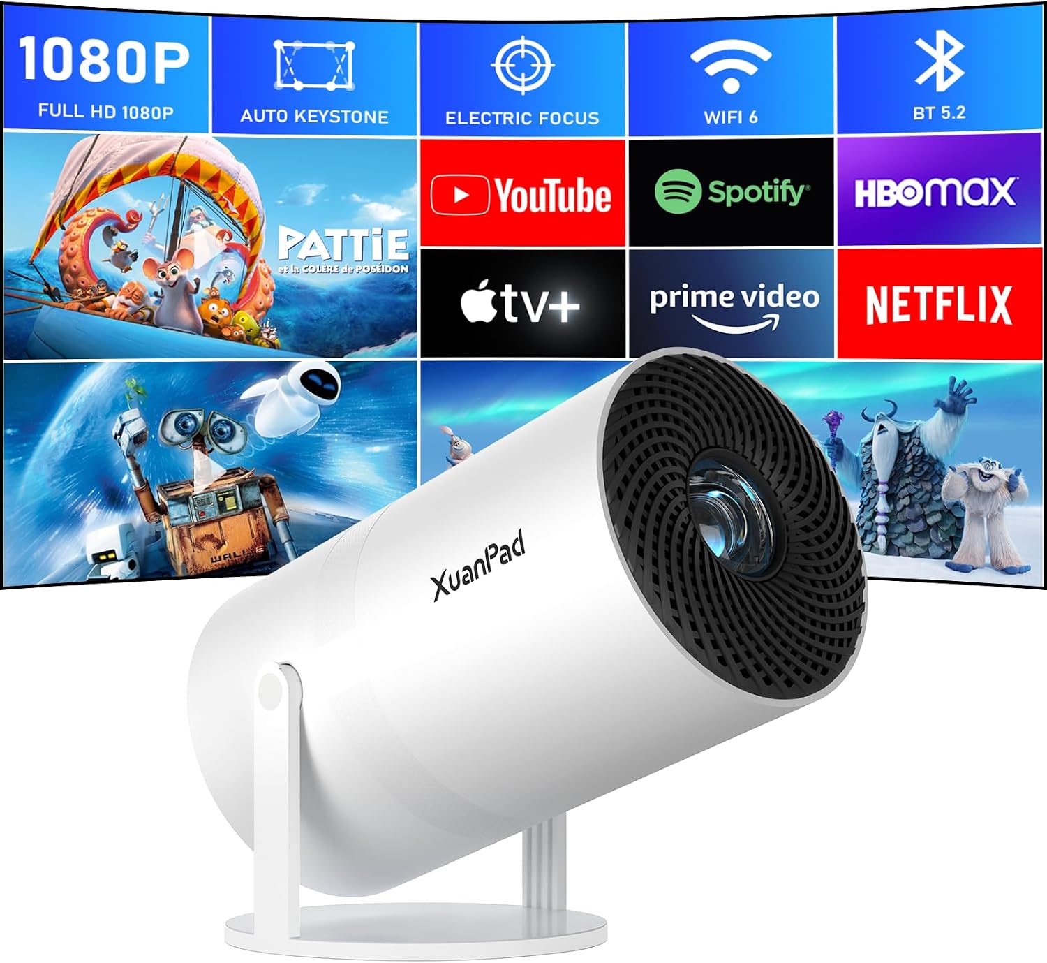 [Netflix Officially & Electric Focus] Projector with WiFi and Bluetooth, XuanPad Full HD 1080P Portable Projector, 210° Rotatable Stand, Auto Keystone, Dust Removal and Heat Dissipation Design