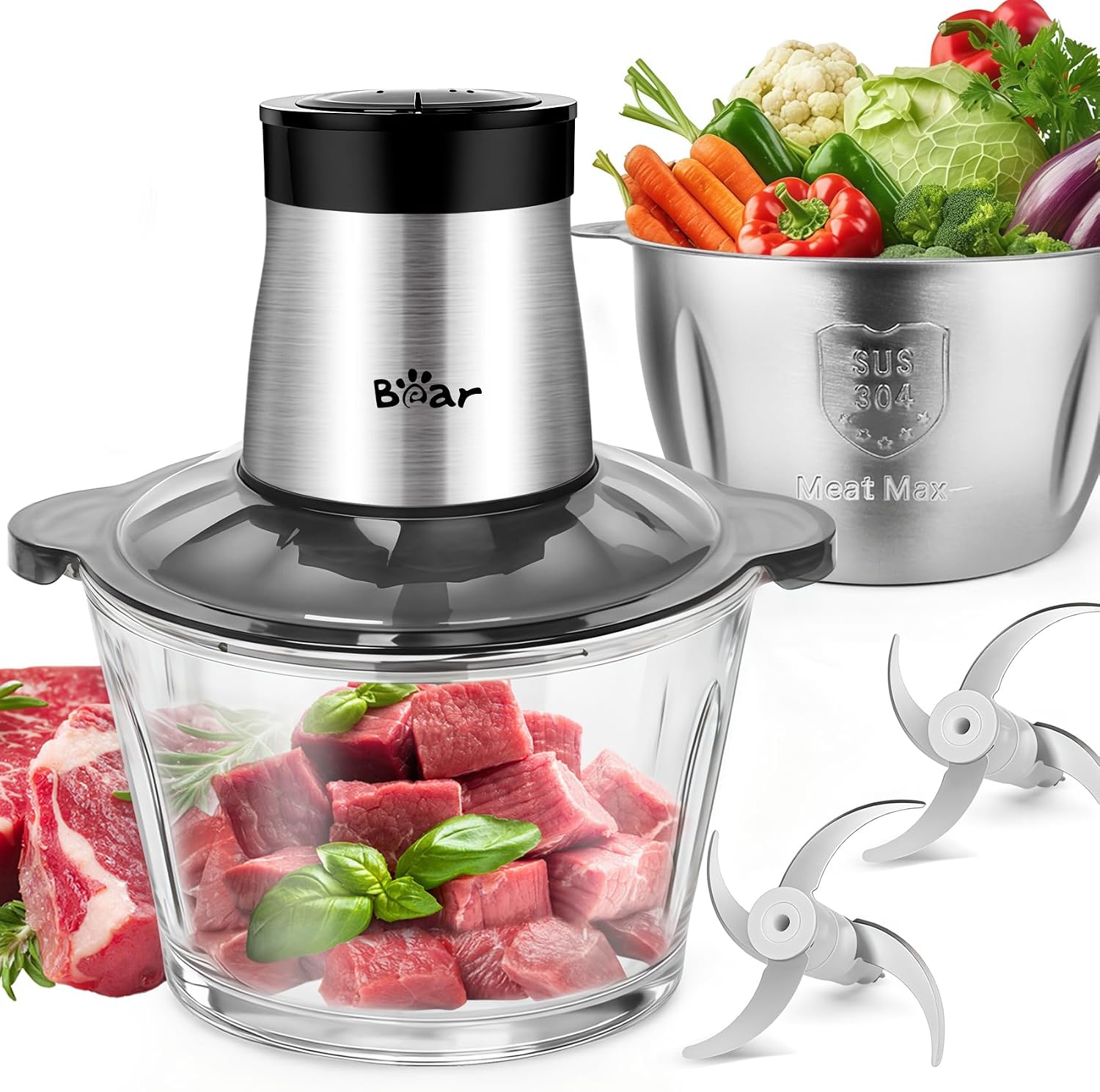 Bear Electric Food Processor & Chopper, 2L+1.8L, 600W, Black | glass & 304 stainless steel bowls, 2 speeds, 4 steel blades, chops meat, baby food, fruit, vegetables