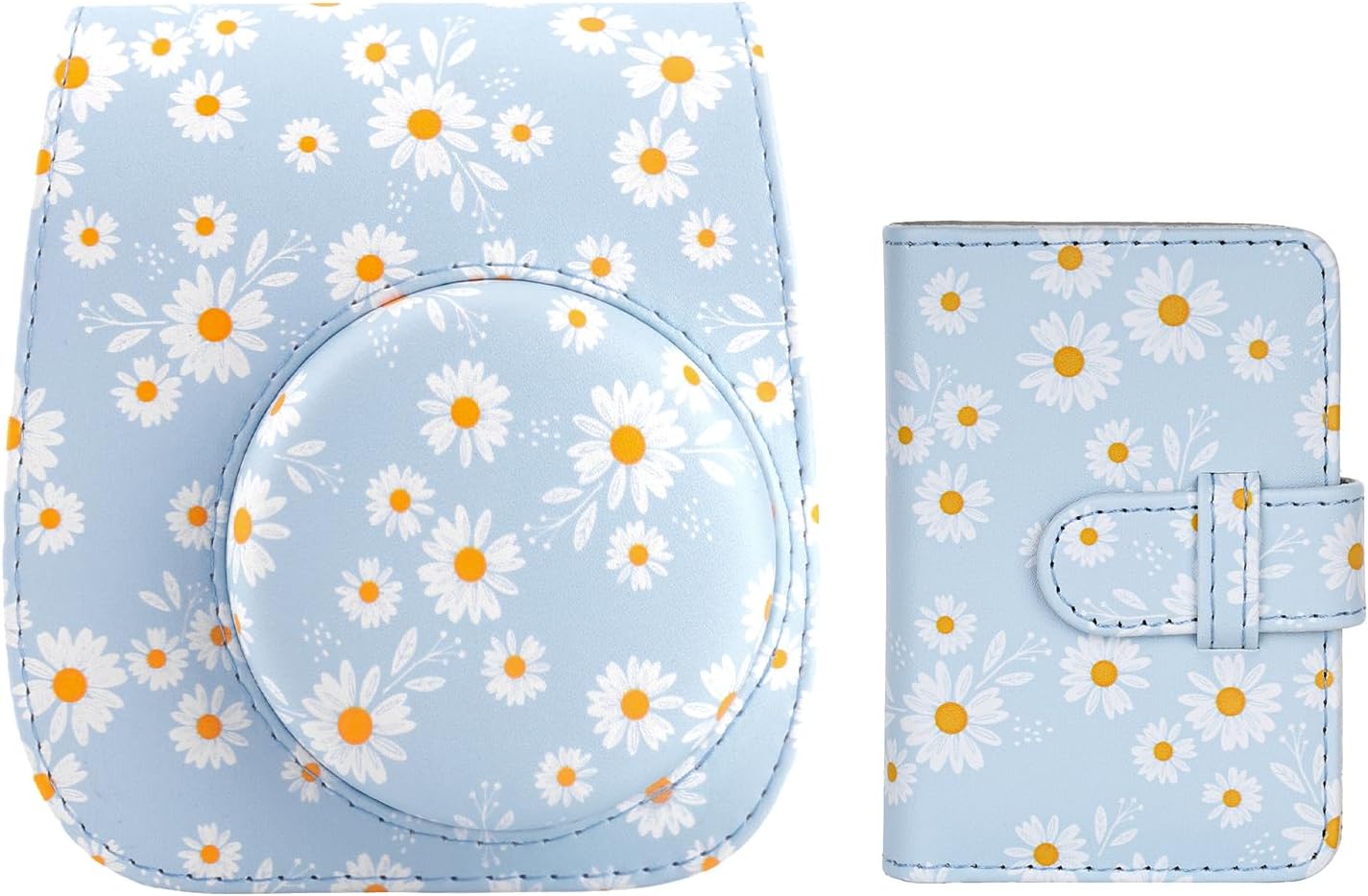 Camera Case Compatible with Fujifilm Instax Mini 12 11 9 8 Instant Camera, PU Leather Protective Bag with Adjustable Shoulder Strap and Photo Album (Blue Daisy)