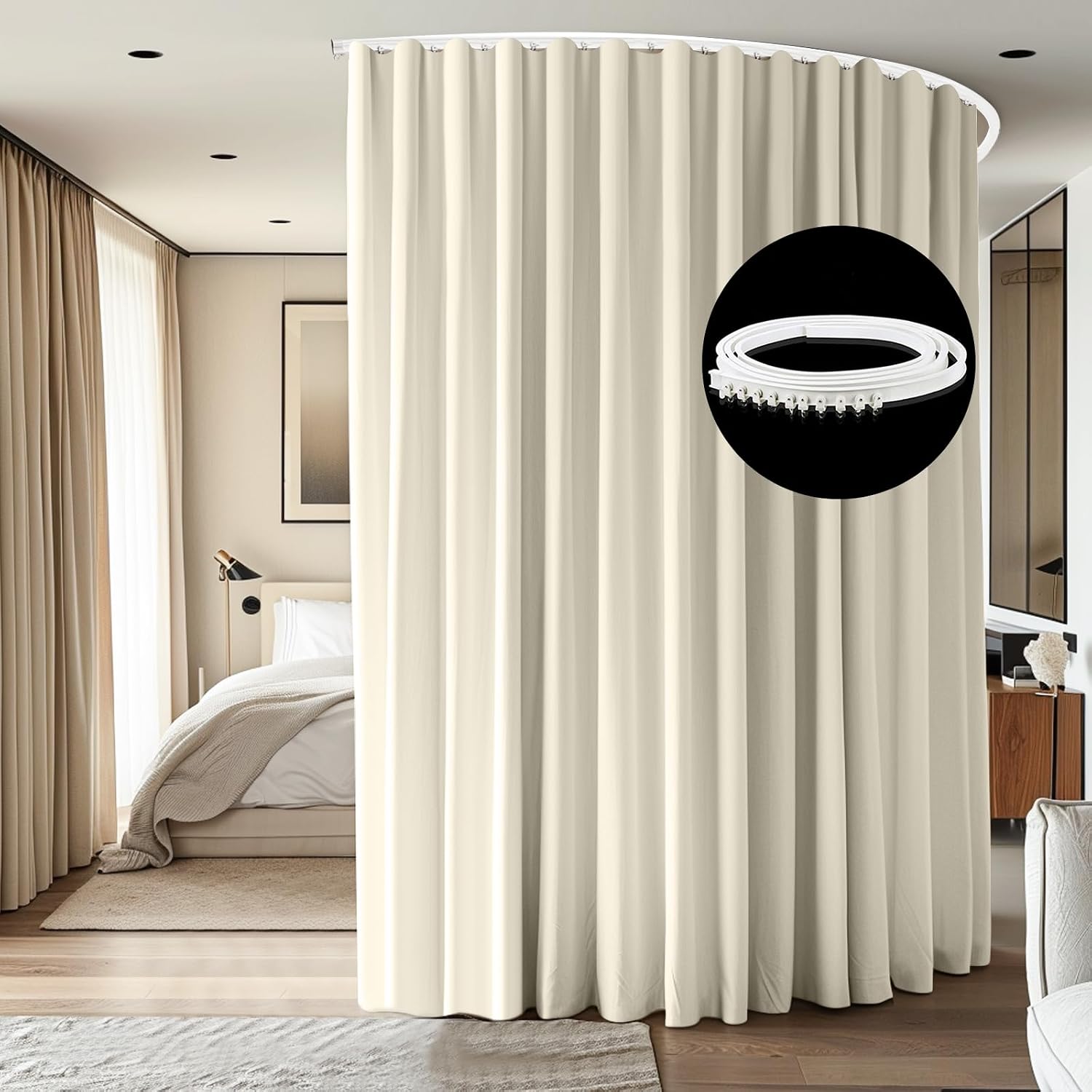 Room Divider Ceiling Mounted Curtains Track Sets Extra Wide Blackout Curtain Flexible Tracks for Bedroom Privacy Partition Separator, 1 Panel Beige Drape and White Rail, W8.3 x H7ft