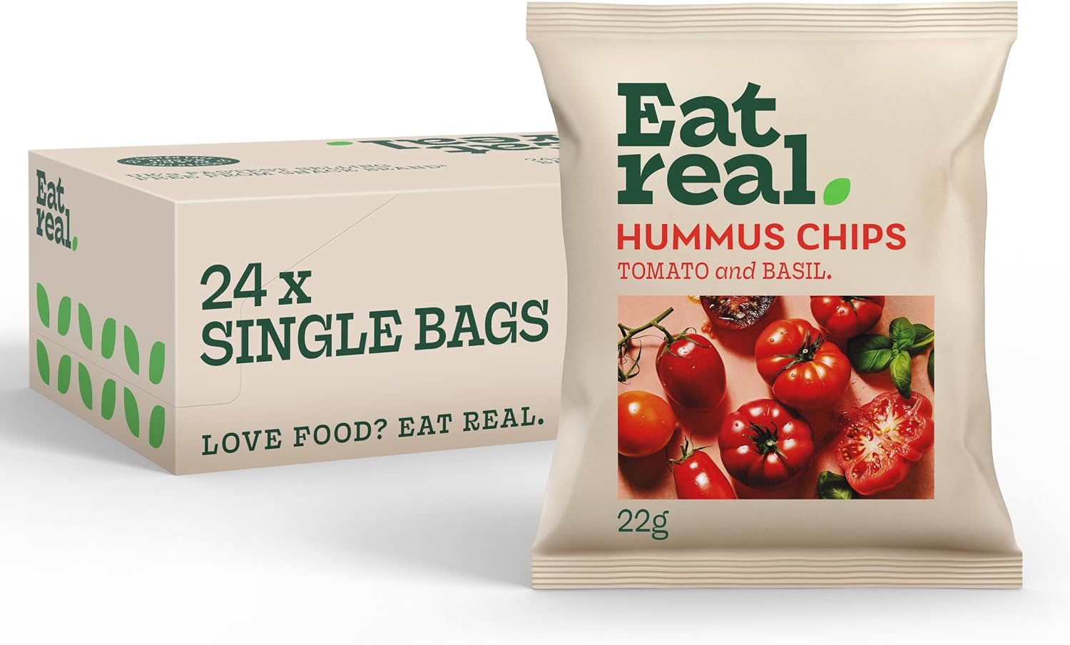 Eat Real, Hummus Chips, Tomato and Basil, 24 X 22g, Gluten-Free Crisps Multipack, Vegan-Friendly, Healthy Snacks, Plant-Based