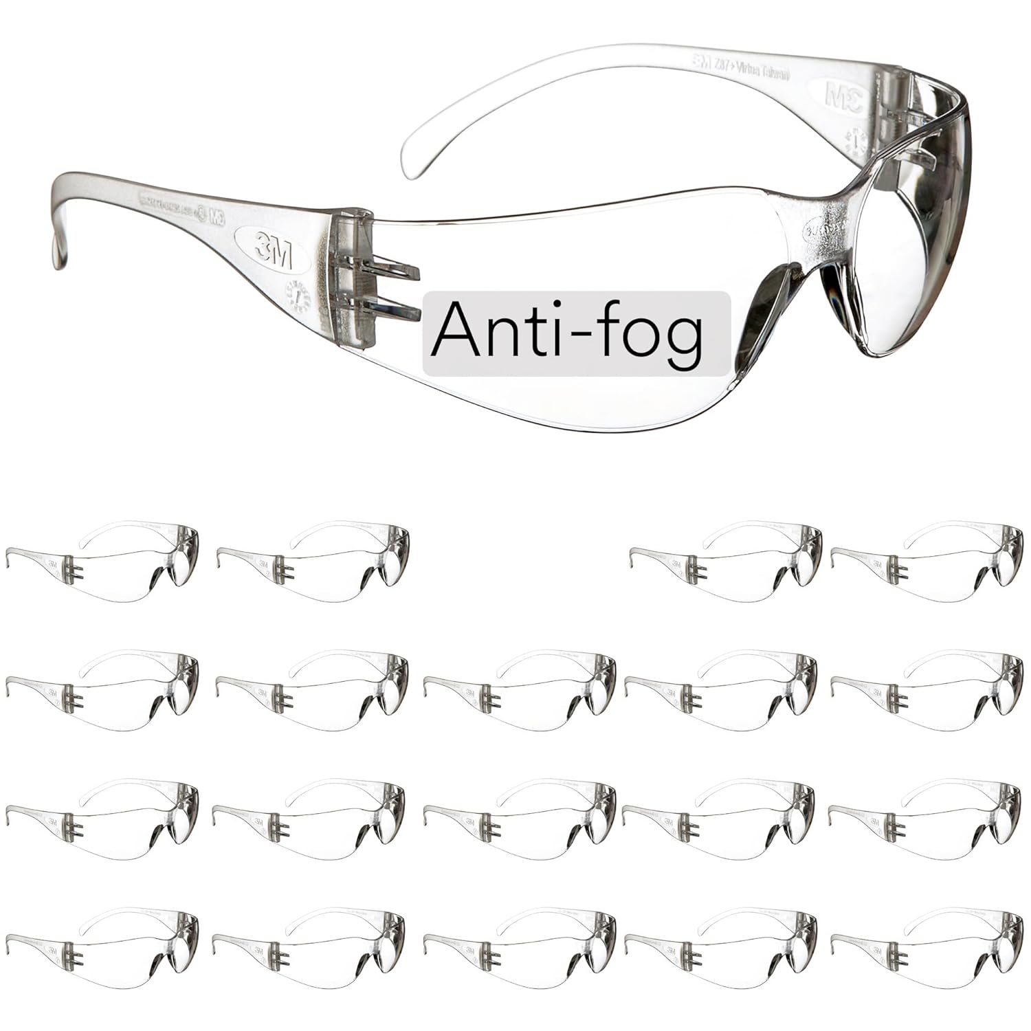 3M Safety Glasses, Virtua, 20 Pair, ANSI Z87, Unisex, Anti-Fog, Scratch Resistant, Clear Lens, Clear Frame, Affordable Eye Protection, Lightweight, Wraparound Coverage
