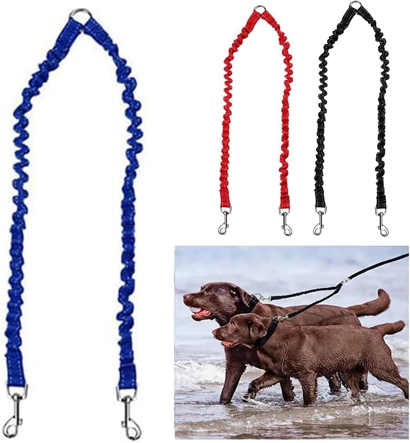 Bungee Double Dog Lead No Tangle Two 2 Dog Leash Coupler, For Walking Puppy, Small, Medium, Large dog, Adjustable 19.6 to 31.4 Inches (Blue)