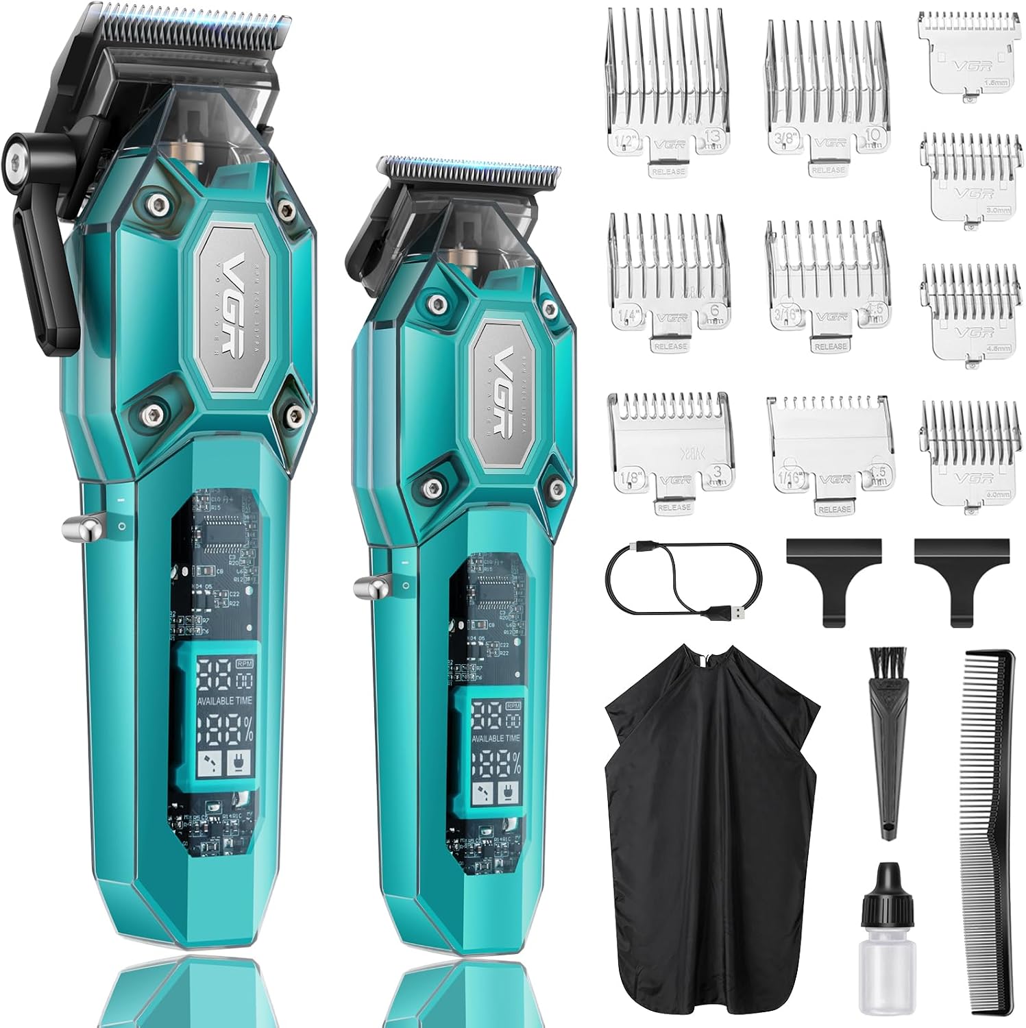 VGR Professional Hair Clippers for Men, Cordless Barber Clippers and Trimmers Set, Mens Hair Cutting Kit with 10 Guide Combs, USB Rechargeable Haircut Machine for Family, LED Display, Green