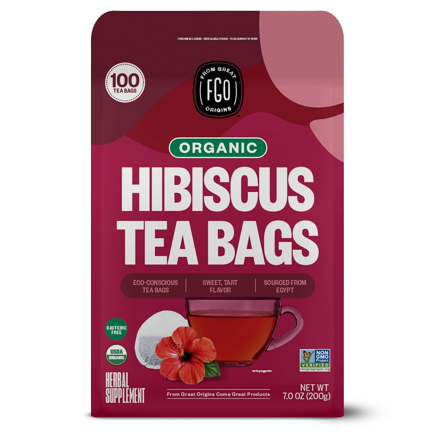 FGO Organic Hibiscus Tea, Eco-Conscious Tea Bags, 100 Count, Packaging May Vary (Pack of 1)