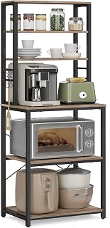 VASAGLE Coffee Bar, Baker’s Rack for Kitchen with Storage, 6-Tier Kitchen Shelves with 6 Hooks, Microwave Stand, Industrial, 15.7 x 23.6 x 65.7 Inches, Greige and Black UKKS024B02