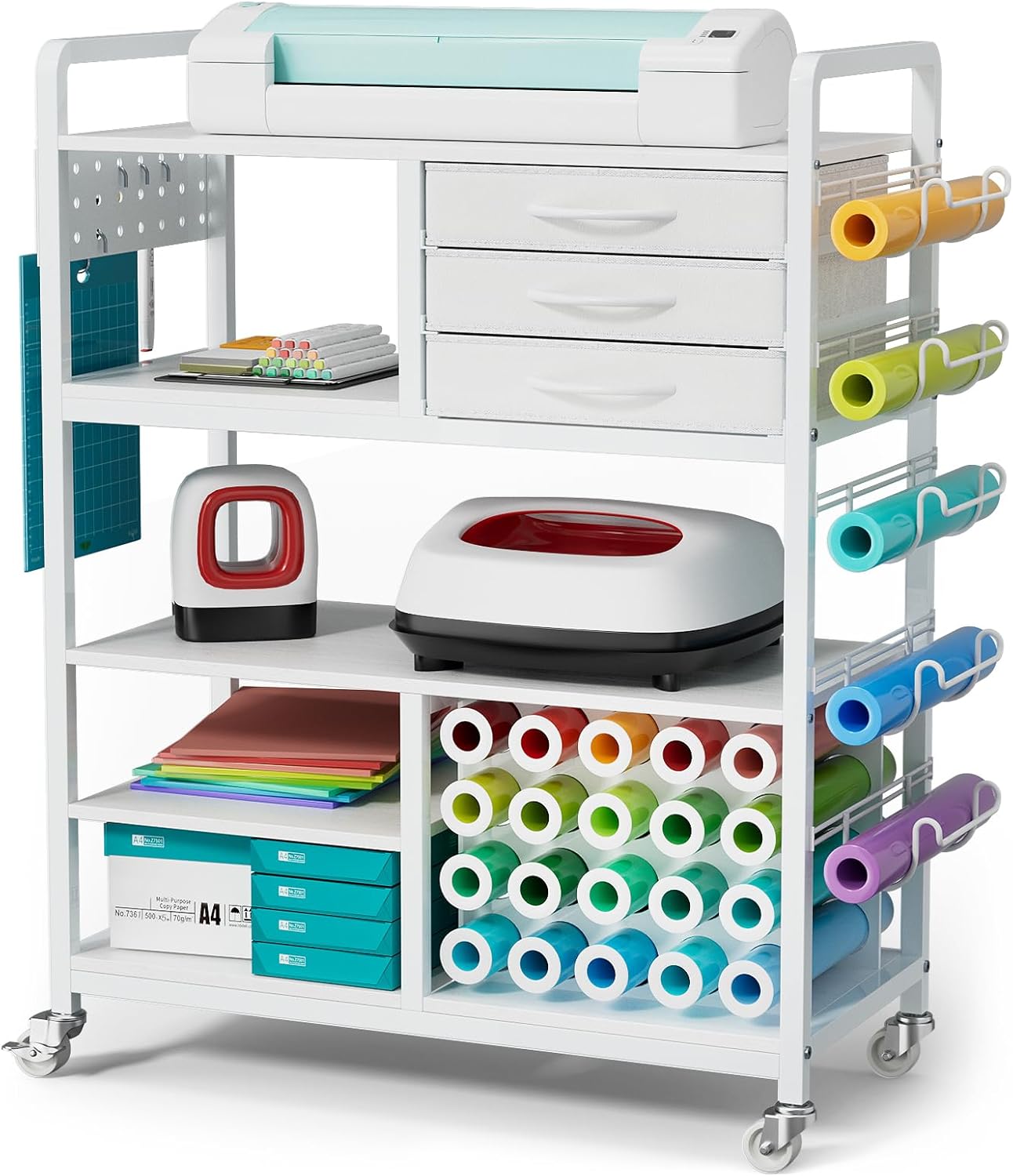 Homsorout DIY Trolley and Storage Table Compatible with Cricut - Crafit Rolling Storage Organizer with 20 Vinyl Roll Holders, DIY Cabinet, Tool Holder