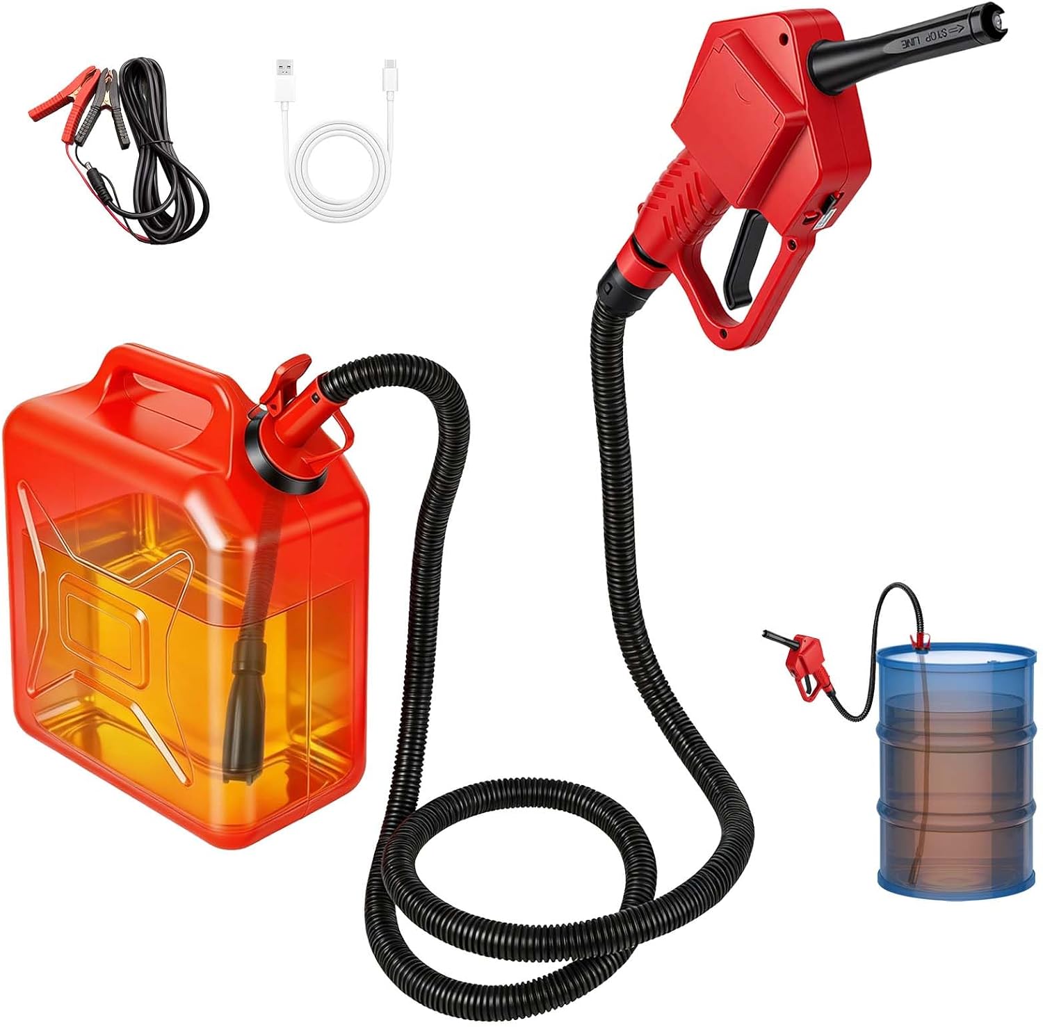 Portable Fuel Transfer Pump with Auto-Stop & Hand Nozzle, 80'' Pumping lift,fit different gas barrel sizes and depths, no adapters needed,3.8GPM, mulitiple power supply,for Gasoline, Diesel, Kerosene