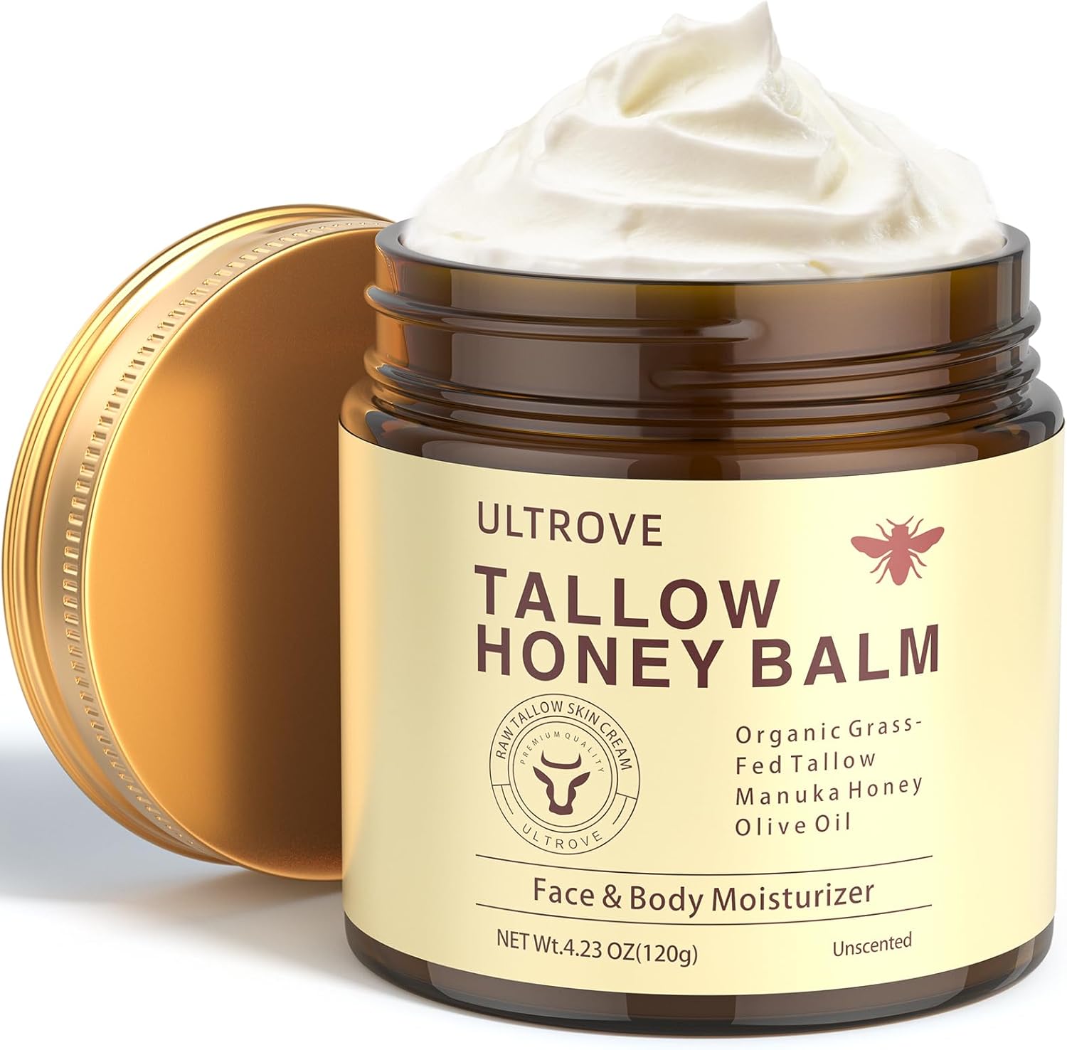 ULTROVE Beef Tallow and Honey Balm for Skin, Natural Face + Body Moisturizer with Organic Grass-Fed Beef Tallow & Raw Wild Honey for Dry & Sensitive Skin, 120g