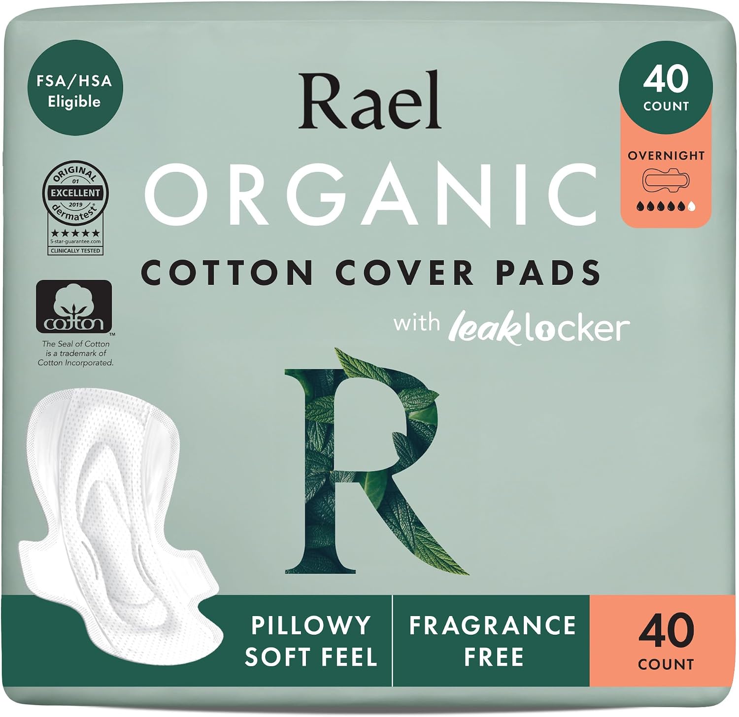 Rael Organic Cotton Cover Sanitary Pads for Women, Heavy (Overnight, 40 Ct)