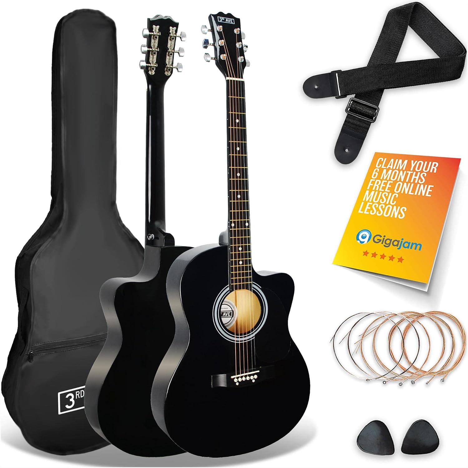 3rd Avenue Full Size 4/4 Cutaway Acoustic Guitar Pack Bundle for Beginners - 6 Months FREE Lessons, Bag, Strap, Picks and Spare Strings - Black