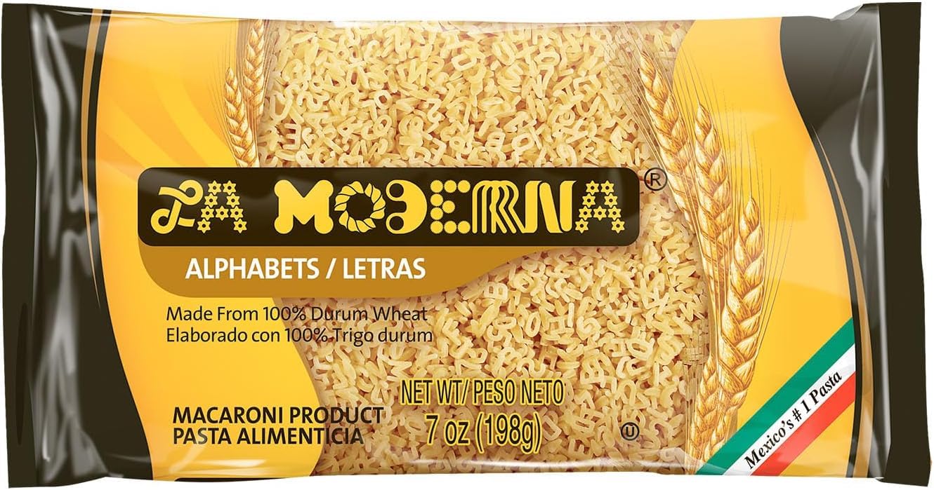 LA MODERNA, Alphabet Letras Pasta, 7 oz, Enriched Durum Wheat Semolina Pasta | Fun Letter Shapes for Soups | Non-GMO | Kosher | Vitamins & Iron Enriched | Fun Letters for Kids (Pack of 6)