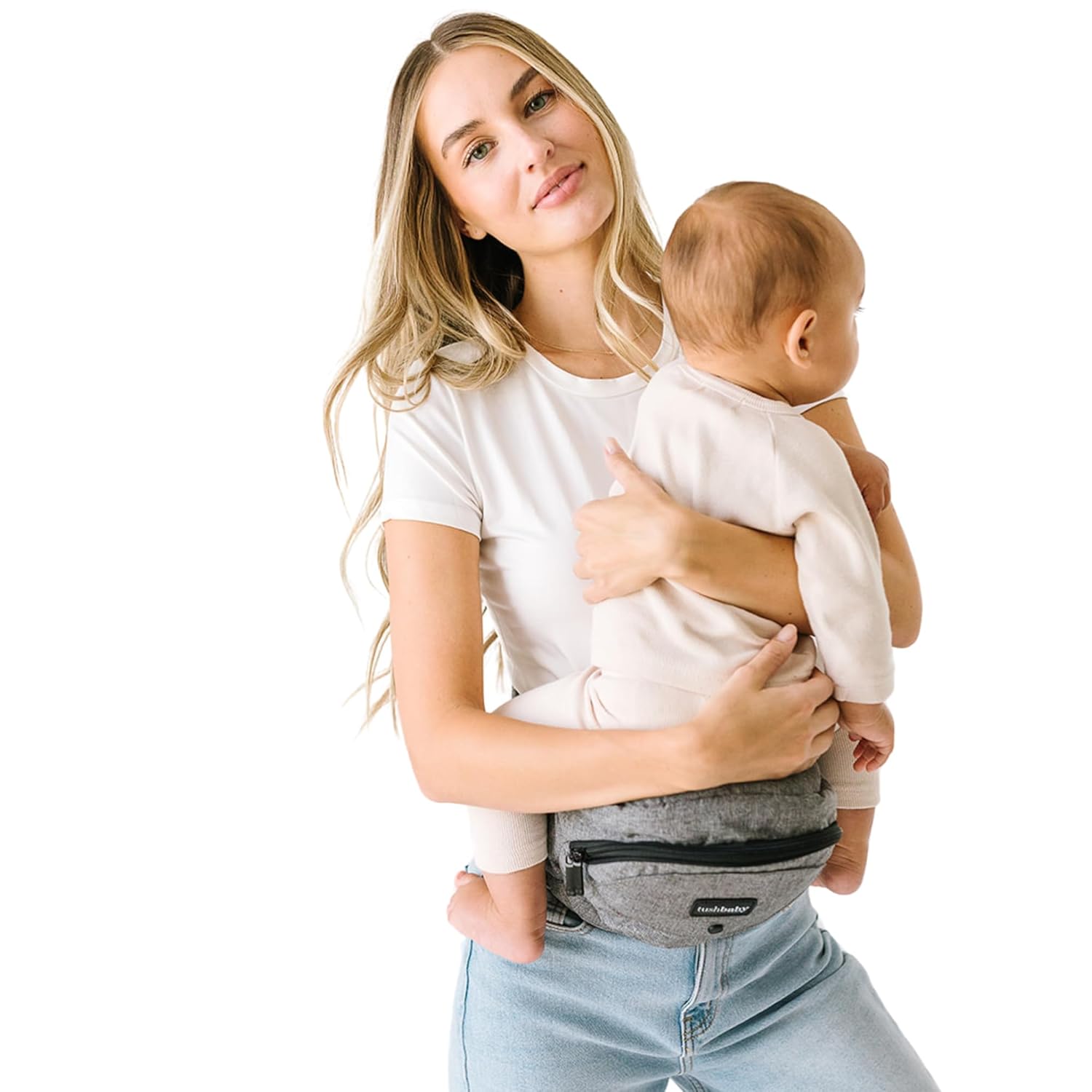 Tushbaby The Original Safety-Certified Hip Carrier for Babies & Toddlers: Machine Washable Child Waist Seat with Pocket Storage, As Seen on Shark Tank (23”-44” Waist, 0-3 yrs up to 45lbs) – Grey