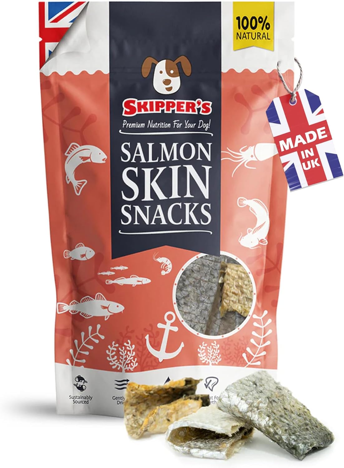 SKIPPER'S Salmon Skin Snacks Dog Treats - Gently Air Dried 100% Salmon Skin Chews Good for Cleaning Teeth, Essential Omega 3 Oils, Hypoallergenic, Wheat & Gluten Free Fish Treats for Dogs | 35g