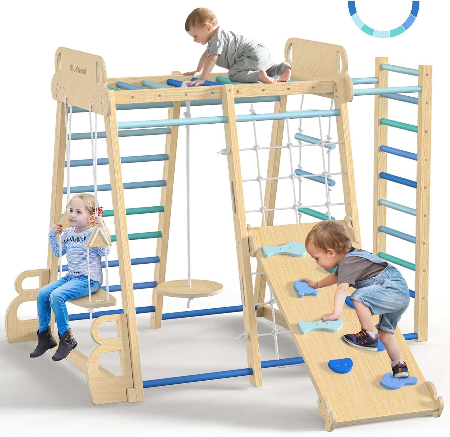 BlueWood Upgraded Indoor Jungle Gym 9-in-1 Playground Kids Climbing Toys | Waldorf Style Wooden Climber Playset with Slide, Swing, Monkey Bars, Upright/Rope Ladder, Climb Net, Blue