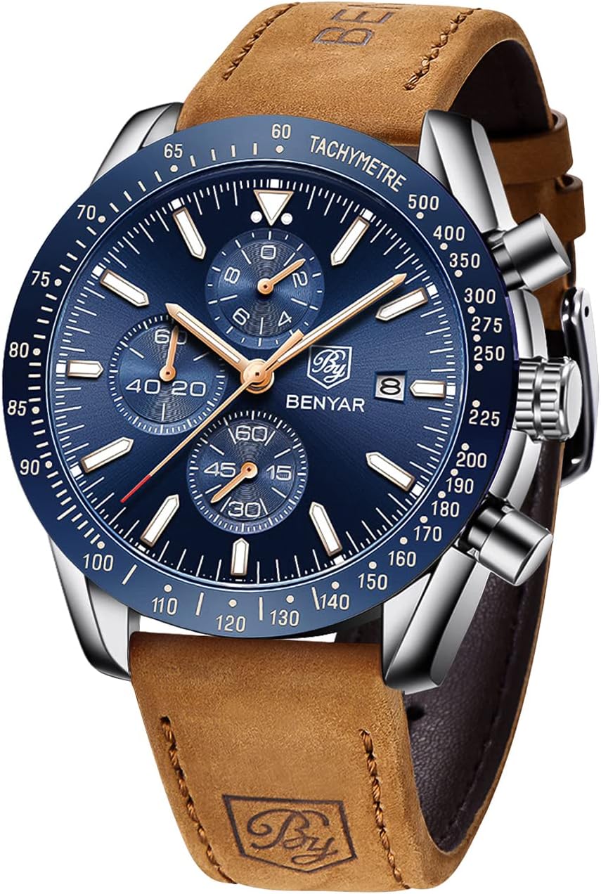 BY BENYAR Watch for Men Analog Quartz Chronograph Waterproof Luminous Designer Big Face Mens Wrist Watches Business Work Sport Casual Dress Watch Elegant Gifts for Men