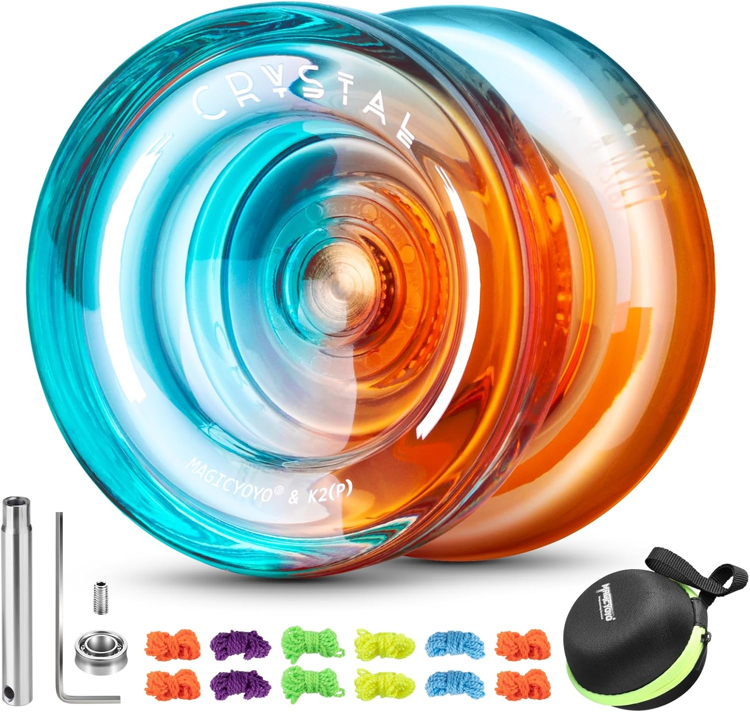 Yoyo K2 Crystal - Professional Responsive Yoyo for Kids Beginners, Dual Purpose Yo Yo for Advanced + Extra Unresponsive Yo-yo Bearing + 12 Yoyo Strings + Storage Bag + Removal Tool ( Blue Orange)