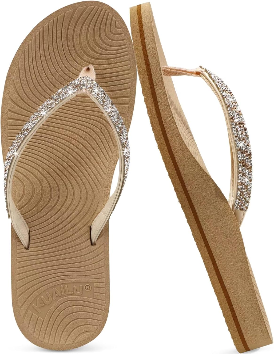 KuaiLu Women's Rhinestone Flip Flops with Comfort Arch Support Yoga Mat Cushion Sandals Fashion Summer Beach Travel Orthotic Walking Thong Sandles Slip on Plantar Fasciitis Indoor Outdoor Shoes