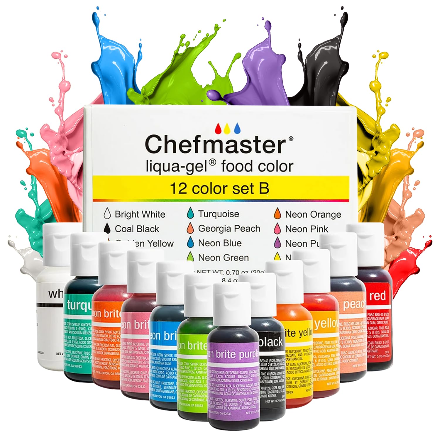 Chefmaster - Liqua-Gel Food Coloring - 12 Color Set B - Fade Resistant - 12 Pack - Vibrant, Eye-Catching Colors, Easy-To-Blend Formula, Fade-Resistant - Made in the USA